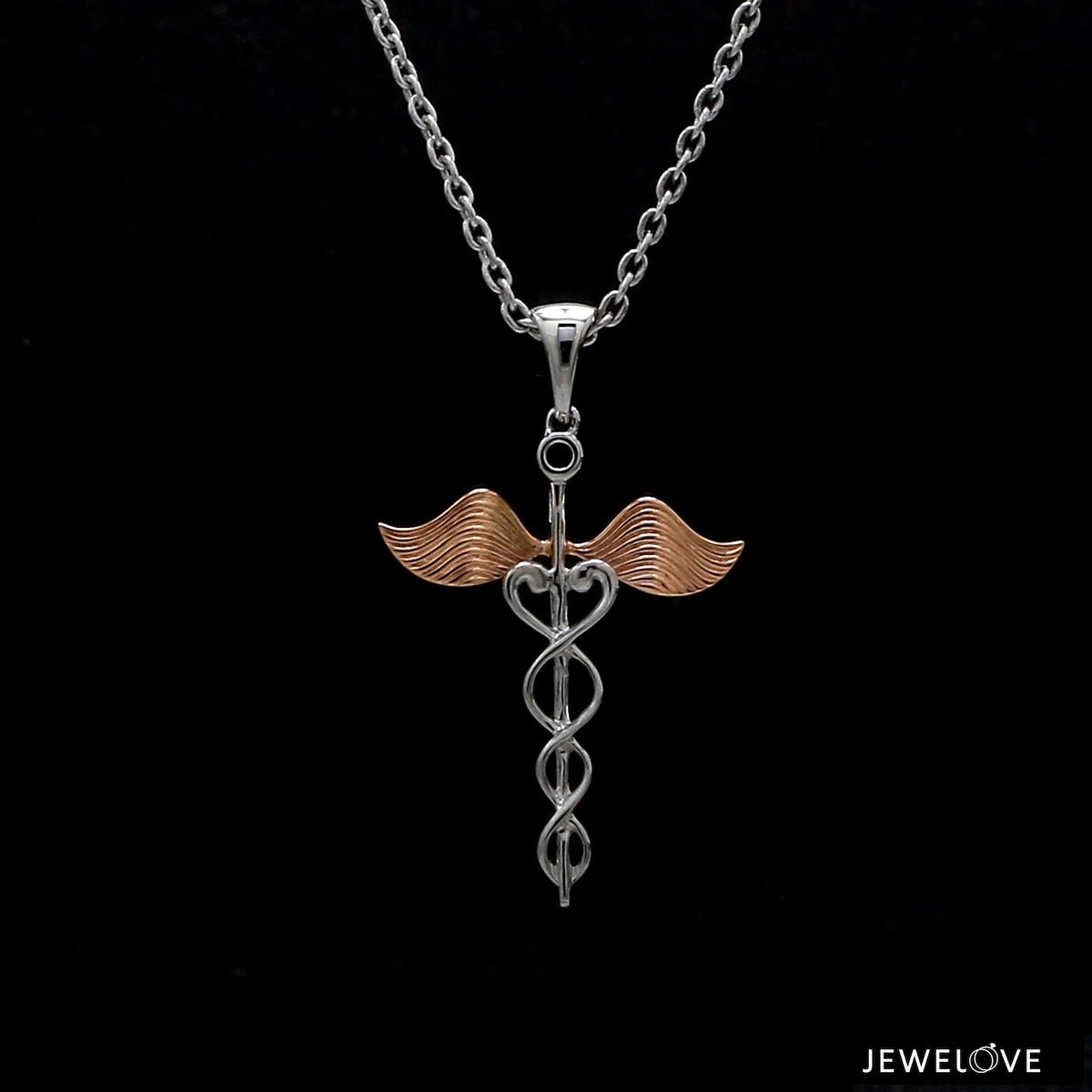 Platinum Caduceus Pendant for Doctors with Rose Gold Wings JL PT P