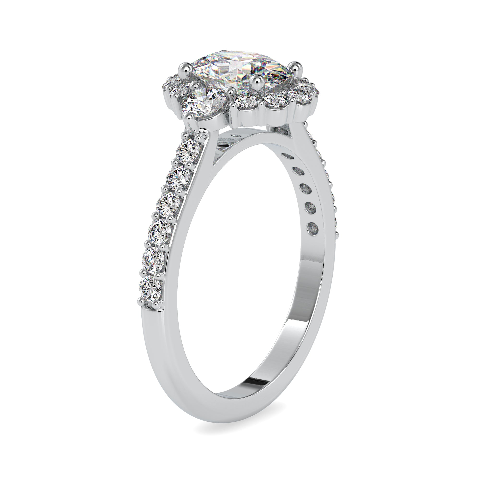 70-Pointer Oval Cut Solitaire Halo Diamond Accents Shank Ring JL PT 0059-B   Jewelove.US