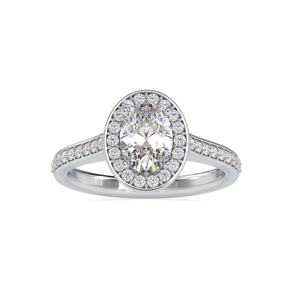 70-Pointer Oval Cut Solitaire Platinum Halo Diamond Shank Engagement Ring JL PT 0060-B   Jewelove.US