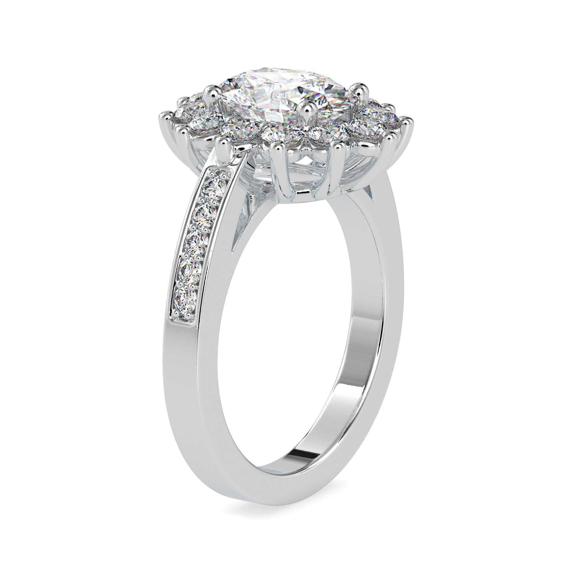 70-Pointer Oval Cut Solitaire Designer Platinum Halo Diamond Shank Ring JL PT 0173-B   Jewelove.US