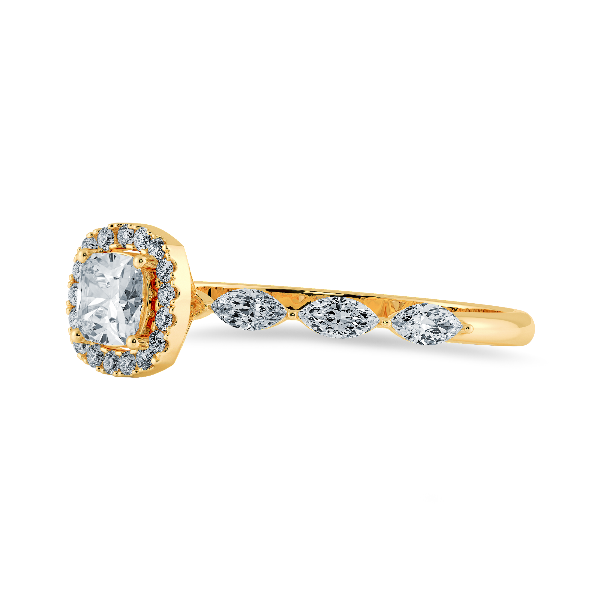 70-Pointer Cushion Cut Solitaire Halo Diamonds with Marquise Cut Diamonds Accents 18K Yellow Gold Ring JL AU 1271Y-B   Jewelove.US