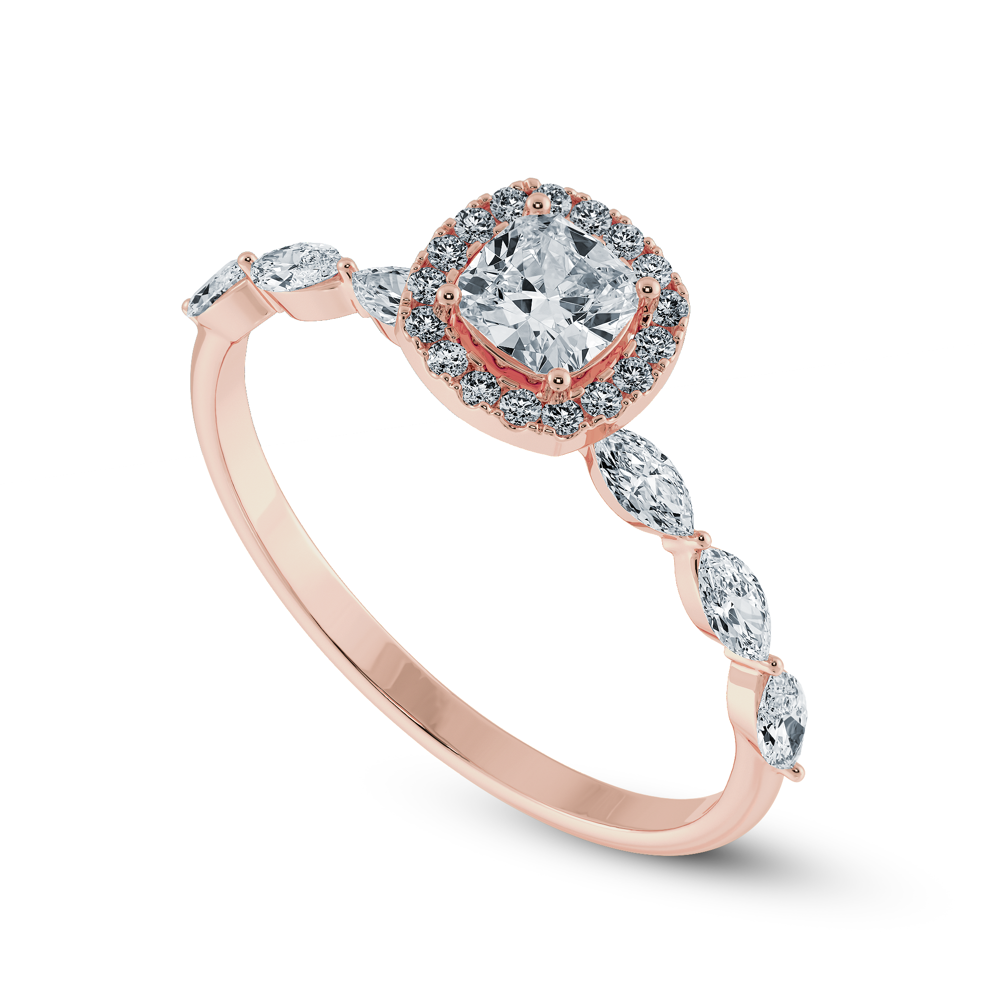 50-Pointer Cushion Cut Solitaire Halo Diamonds with Marquise cut Diamonds Accents 18K Rose Gold Ring JL AU 1271R-A   Jewelove.US