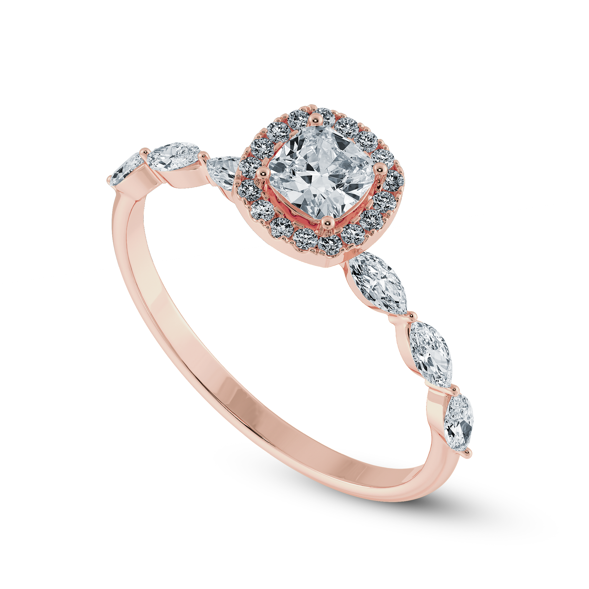 70-Pointer Cushion Cut Solitaire Halo Diamonds with Marquise Cut Diamonds Accents 18K Rose Gold Ring JL AU 1271R-B