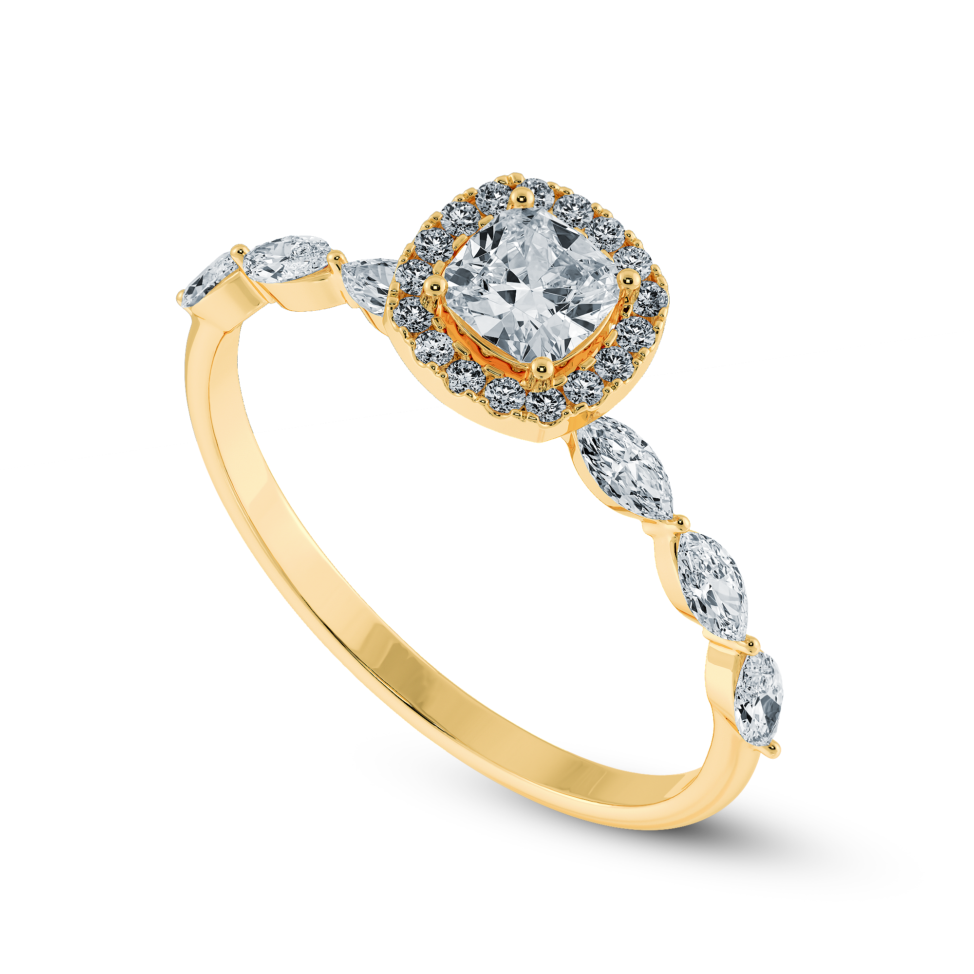 50-Pointer Cushion Cut Solitaire Halo Diamonds with Marquise Cut Diamonds Accents 18K Yellow Gold Ring JL AU 1271Y-A   Jewelove.US