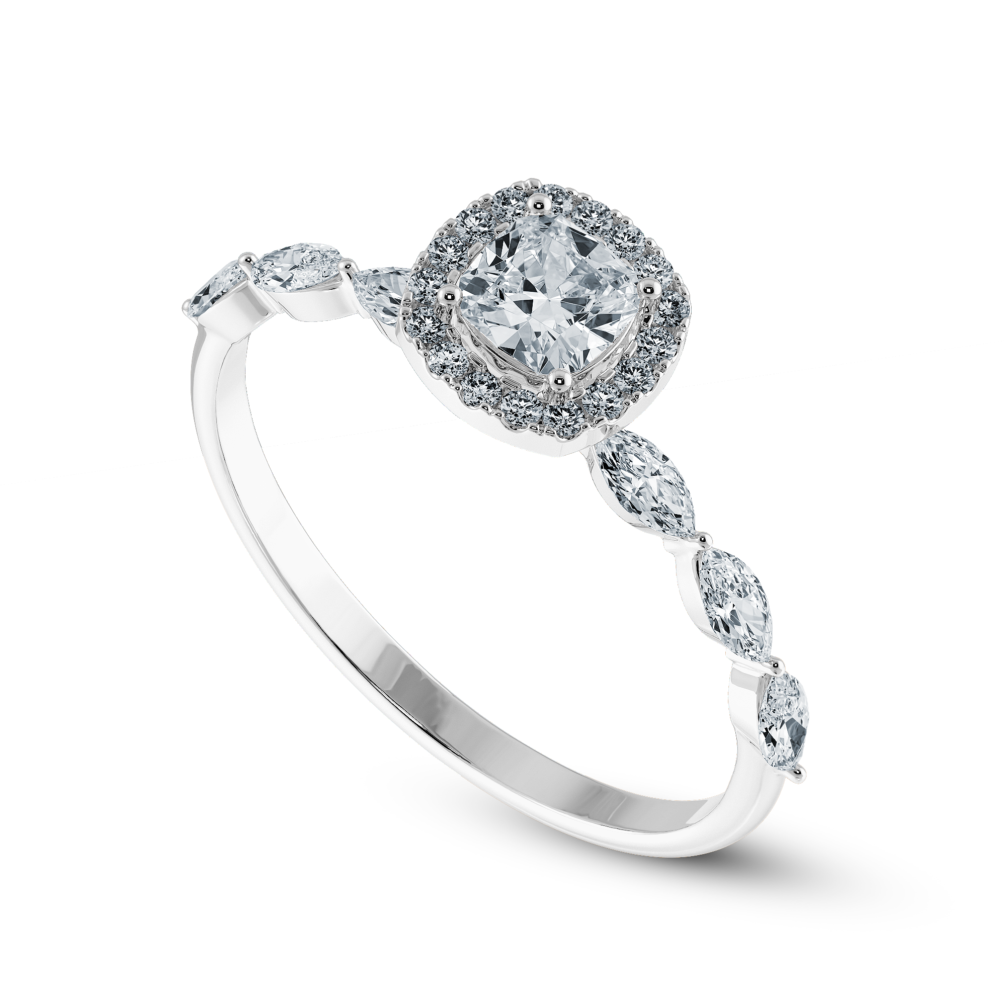 70-Pointer Cushion Cut Solitaire Halo Diamonds with Marquise Cut Diamonds Accents Platinum Engagement Ring JL PT 1271-B
