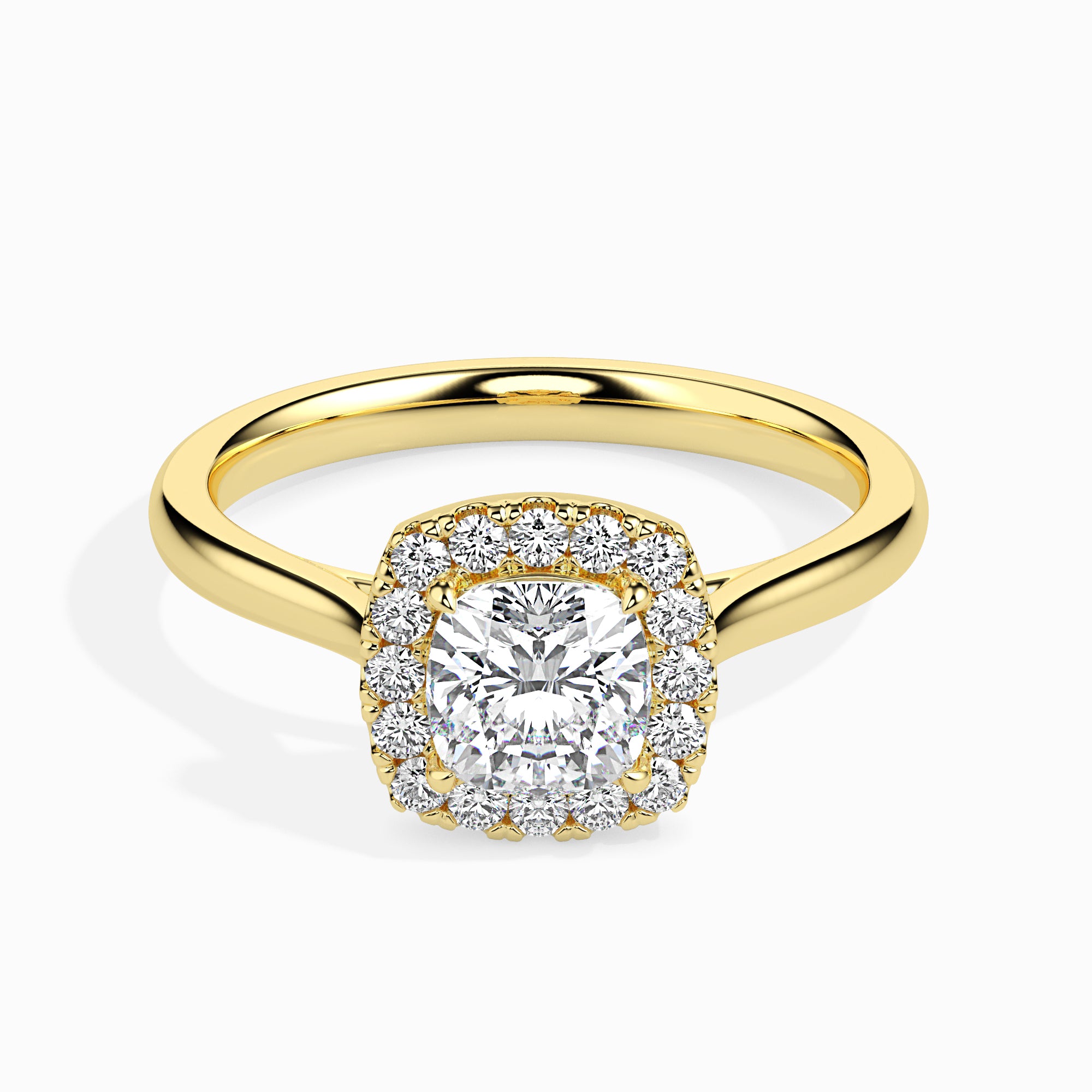50-Pointer Cushion Cut Solitaire Halo Diamond 18K Yellow Gold Ring JL AU 19023Y-A
