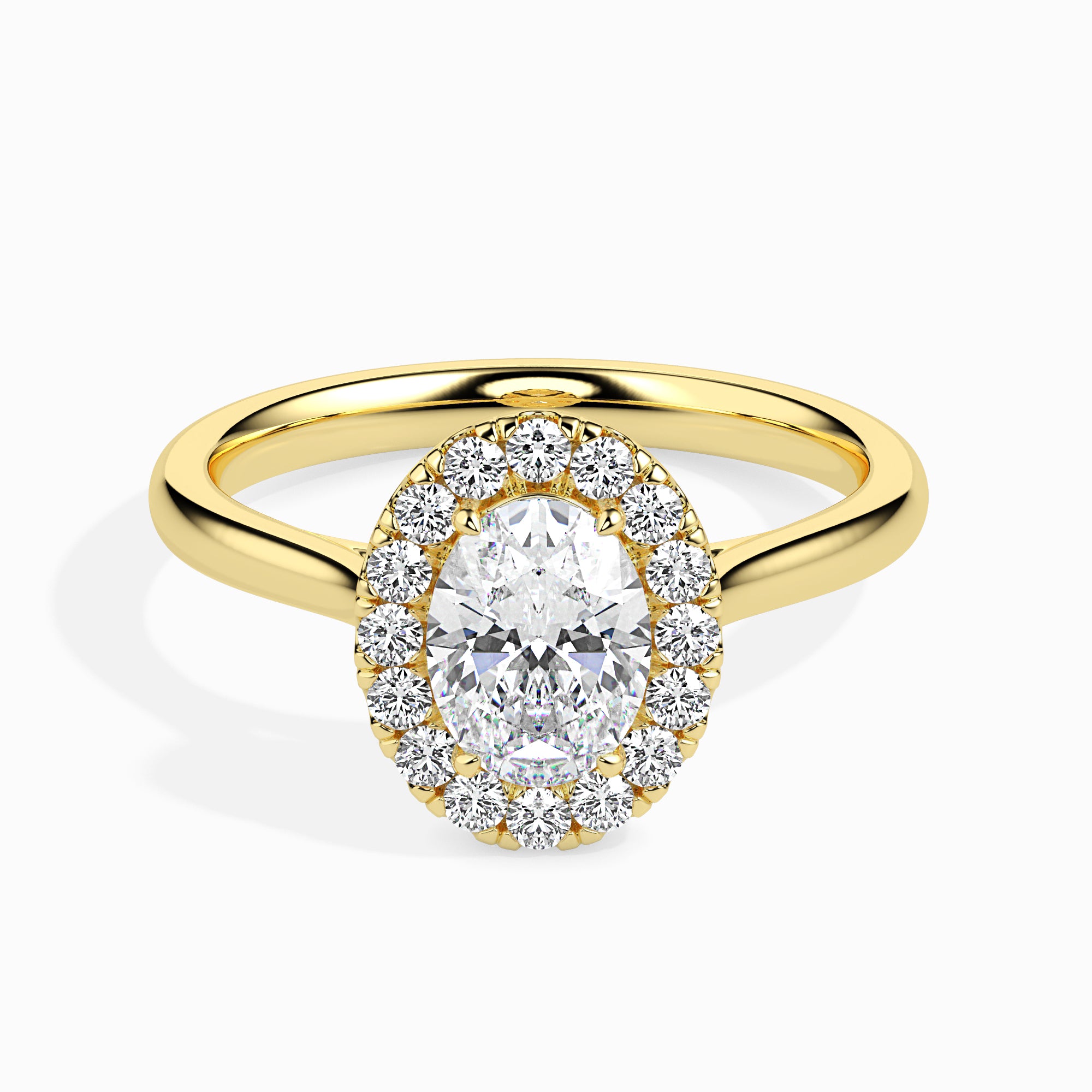 50-Pointer Oval Cut Solitaire Halo Diamond 18K Yellow Gold Ring JL AU 19024Y-A