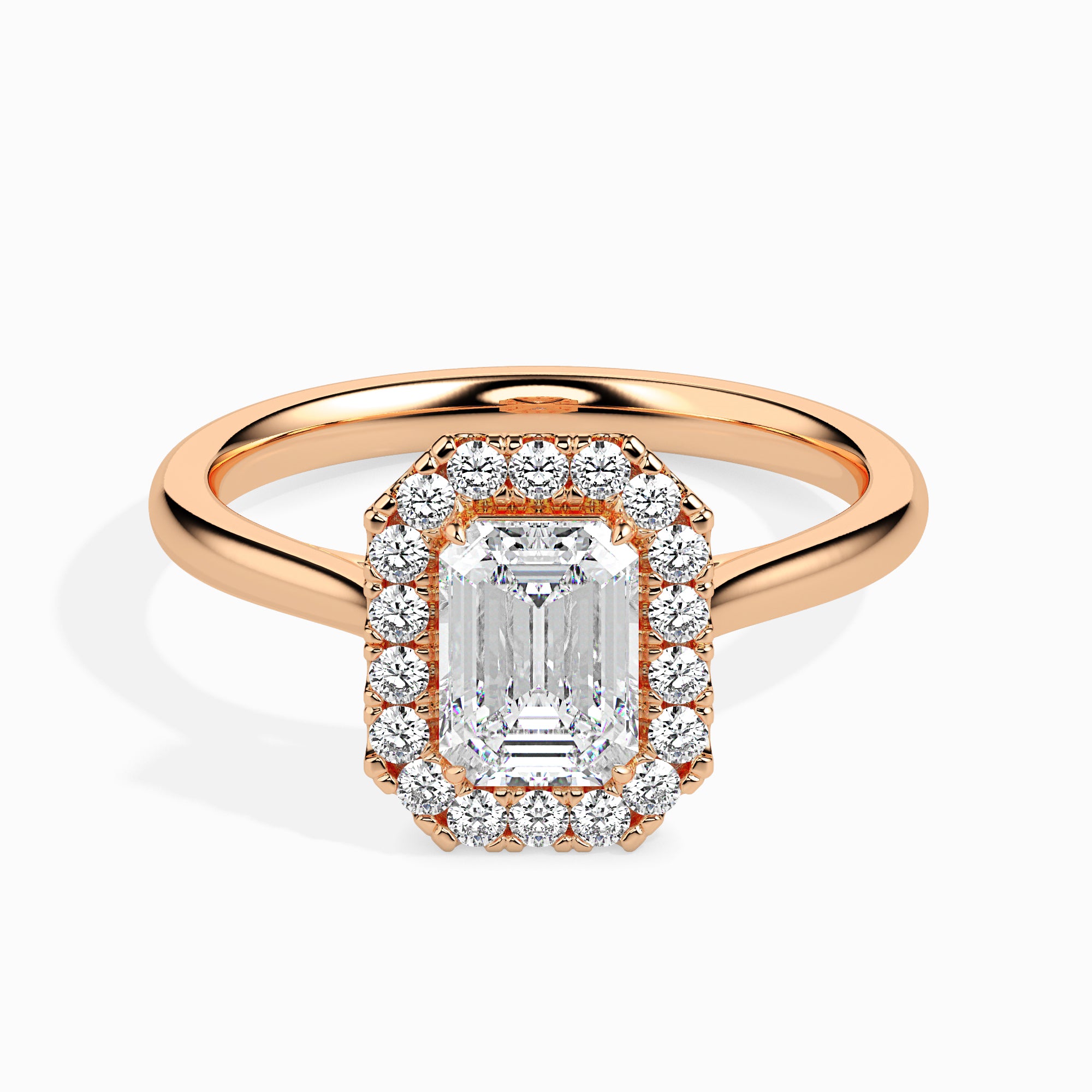70-Pointer Emerald Cut Solitaire Halo Diamond 18K Rose Gold Solitaire Ring JL AU 19025R-B