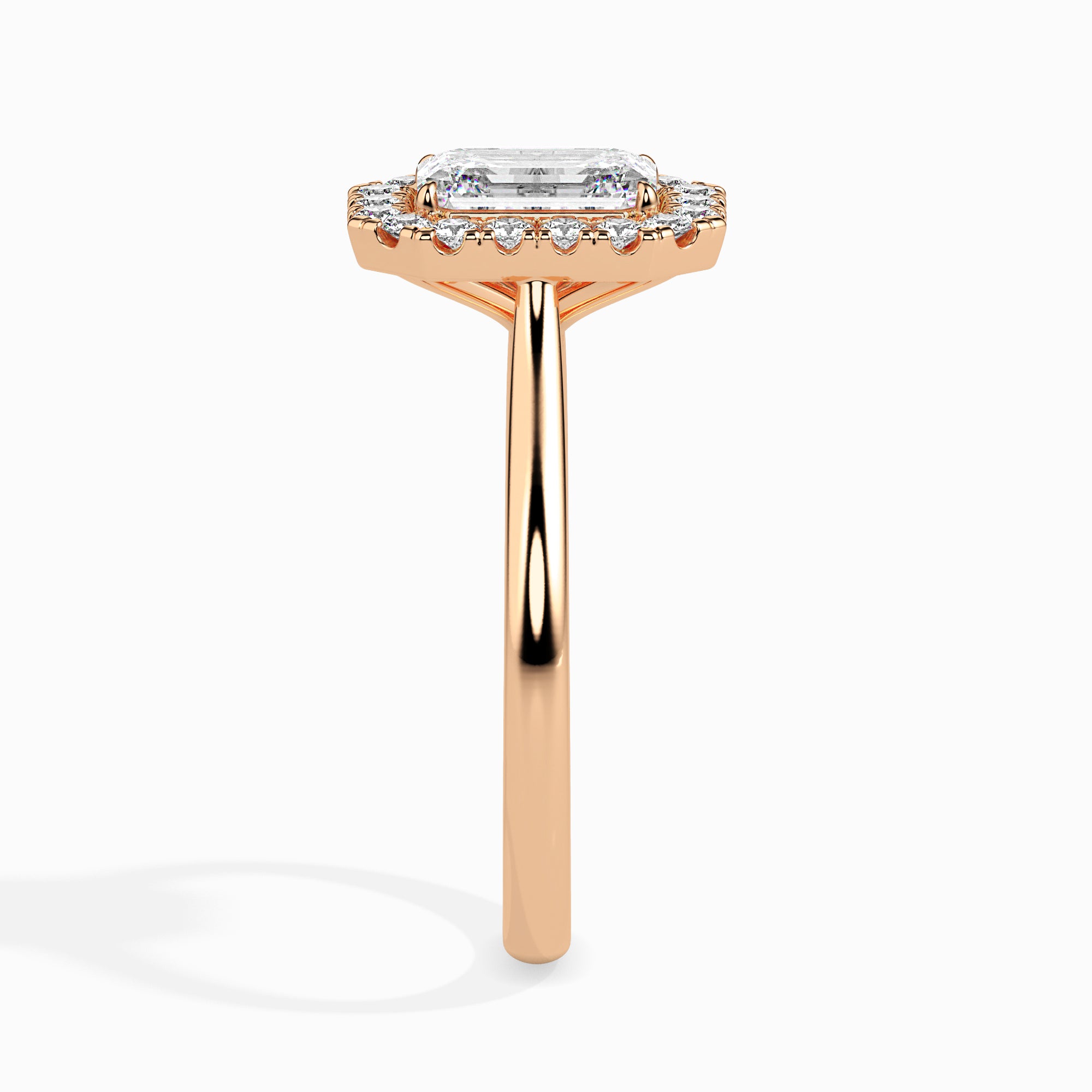 70-Pointer Emerald Cut Solitaire Halo Diamond 18K Rose Gold Solitaire Ring JL AU 19025R-B