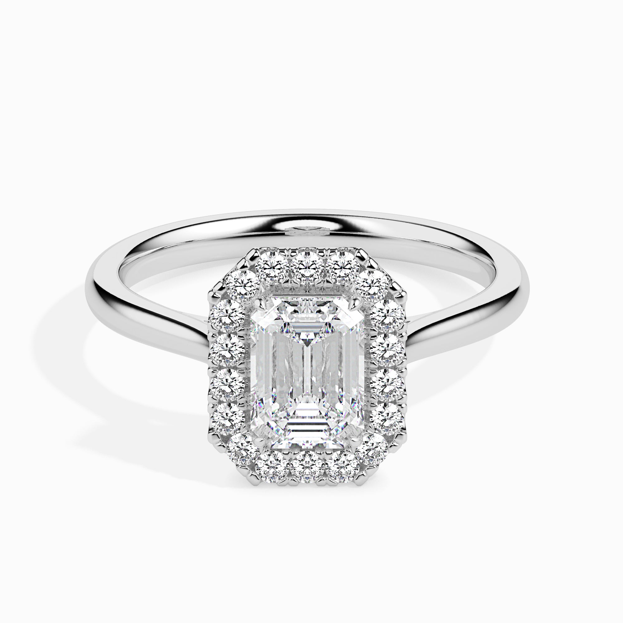 50-Pointer Emerald Cut Solitaire Halo Diamond Platinum Ring JL PT 19025-A   Jewelove.US