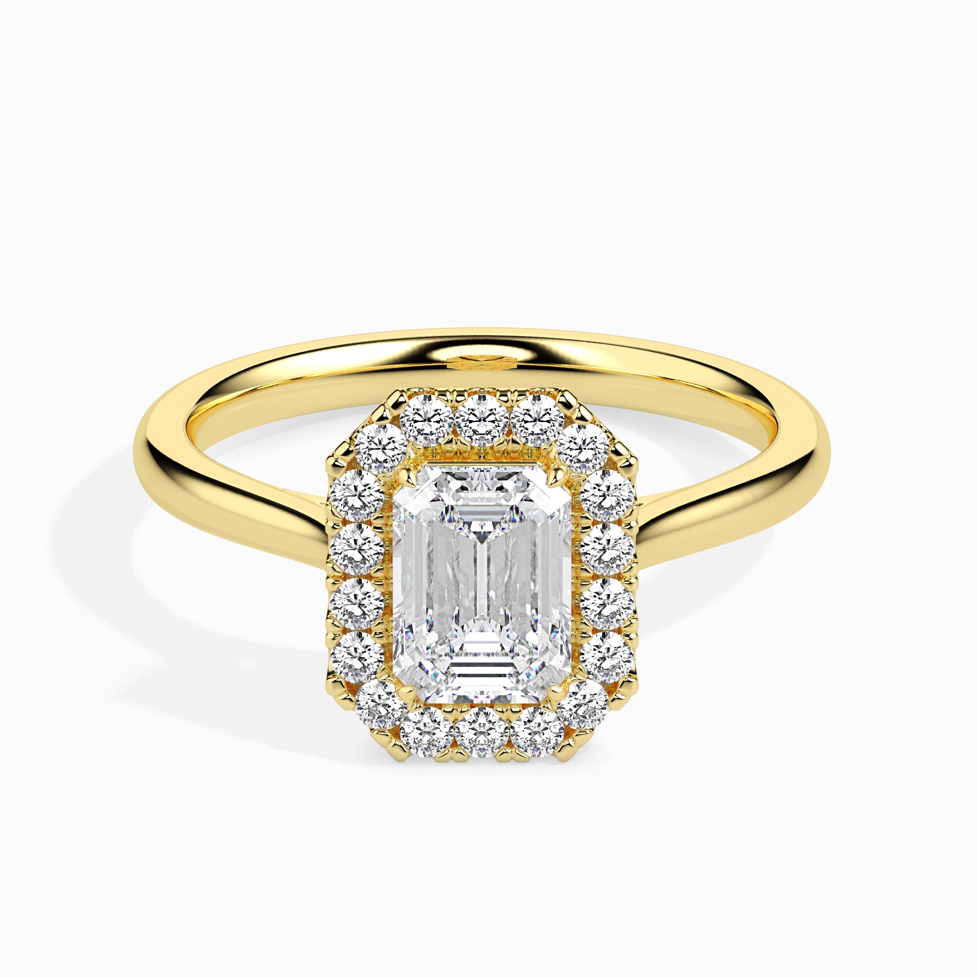 70-Pointer Emerald Cut Solitaire Halo Diamond 18K Yellow Gold Ring JL AU 19025Y-B   Jewelove.US