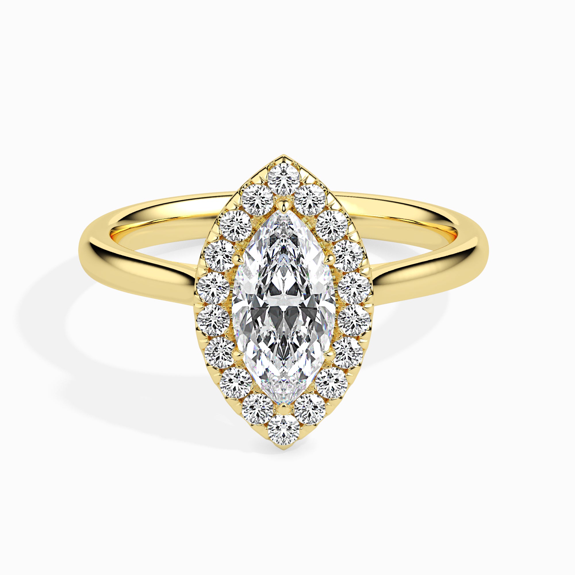 70-Pointer Marquise Cut Solitaire Halo Diamond 18K Yellow Gold Ring JL AU 19029Y-B