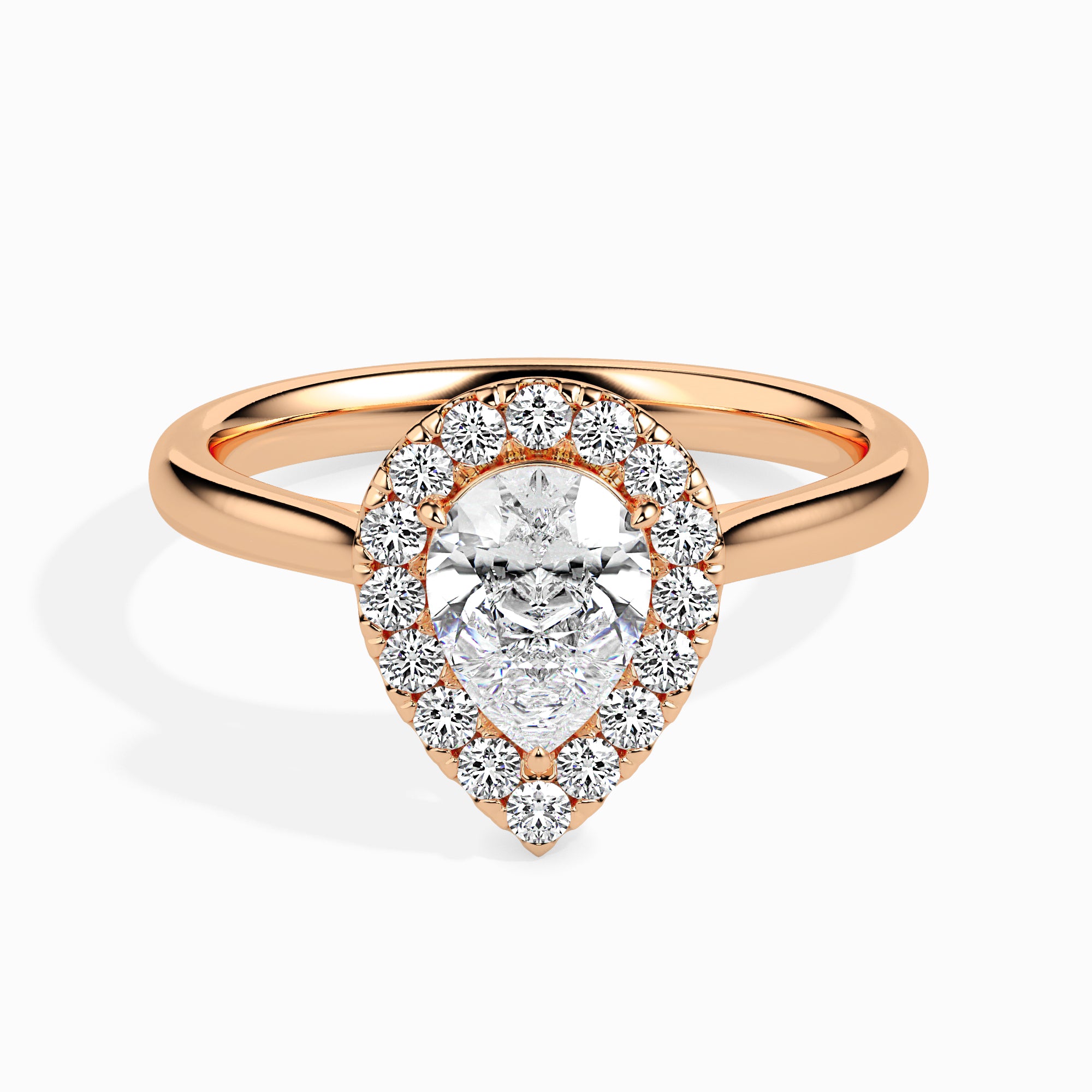 70-Pointer Pear Cut Solitaire Halo Diamond 18K Rose Gold Ring JL AU 19030R-B