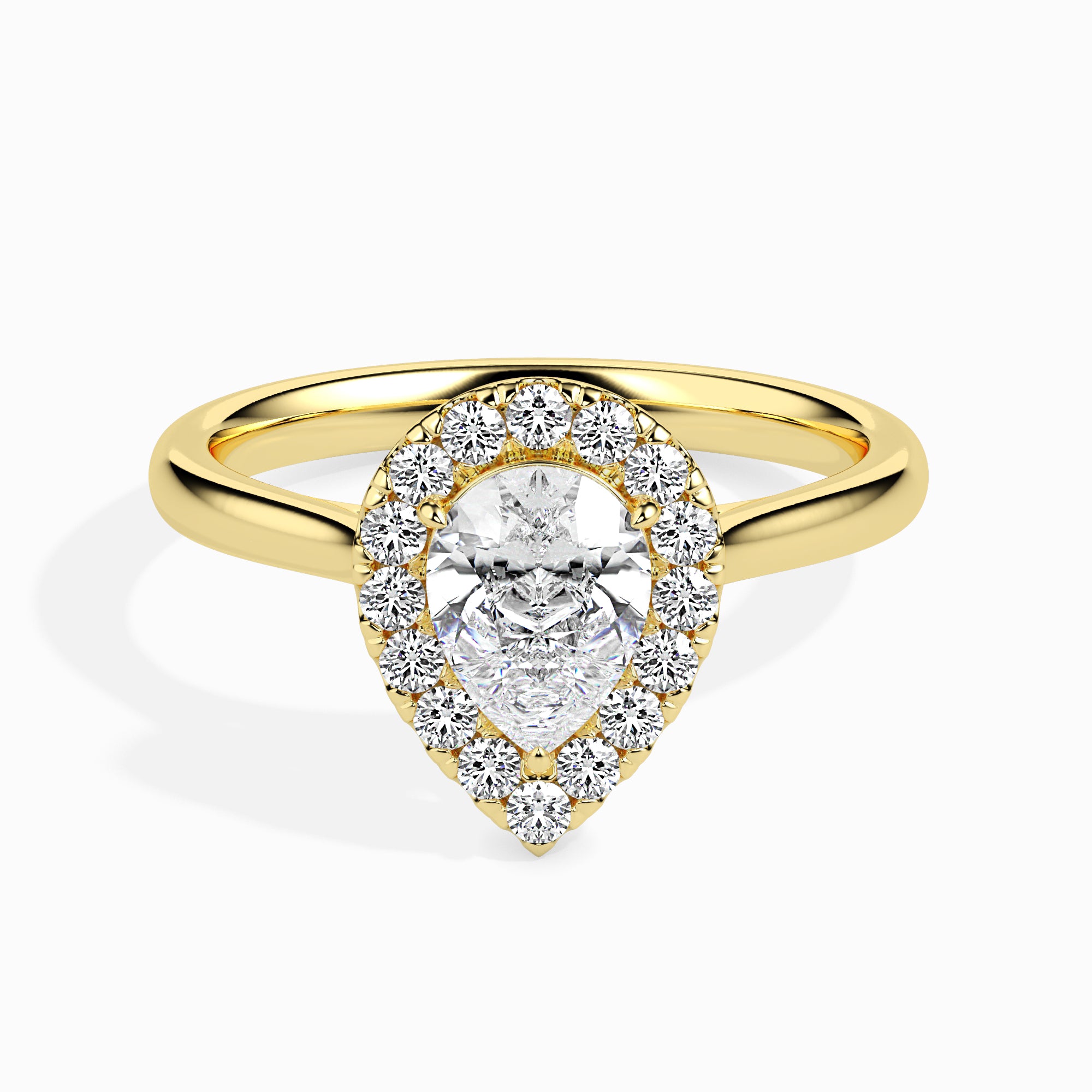 50-Pointer Pear Cut Solitaire Halo Diamond 18K Yellow Gold Ring JL AU 19030Y-A