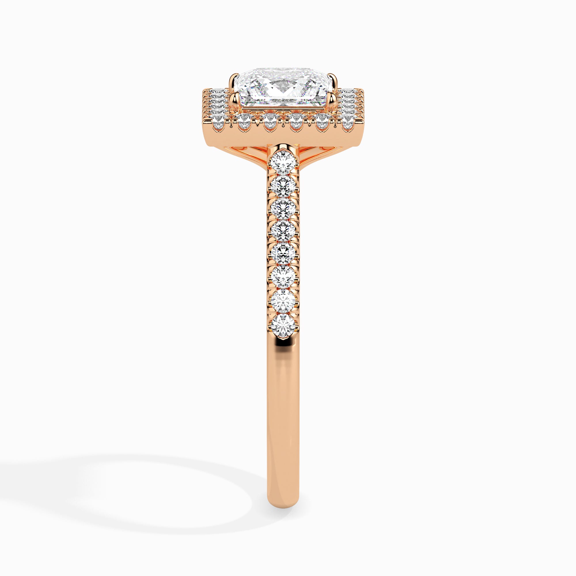 50-Pointer Princess Cut Solitaire Halo Diamond Shank 18K Rose Gold Ring JL AU 19032R-A   Jewelove.US