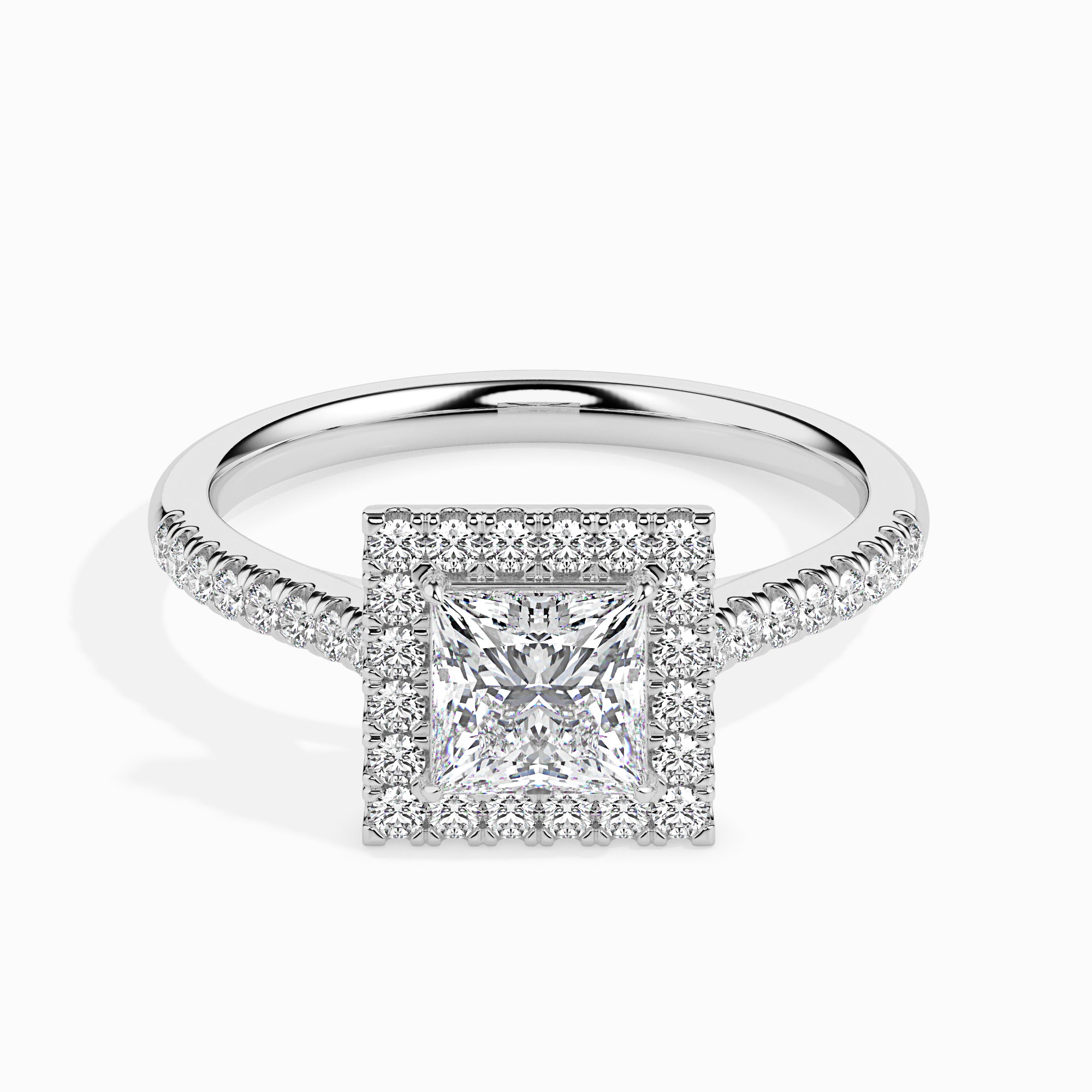 70-Pointer Princess Cut Solitaire Halo Diamond Shank Platinum Ring JL PT 19032-B