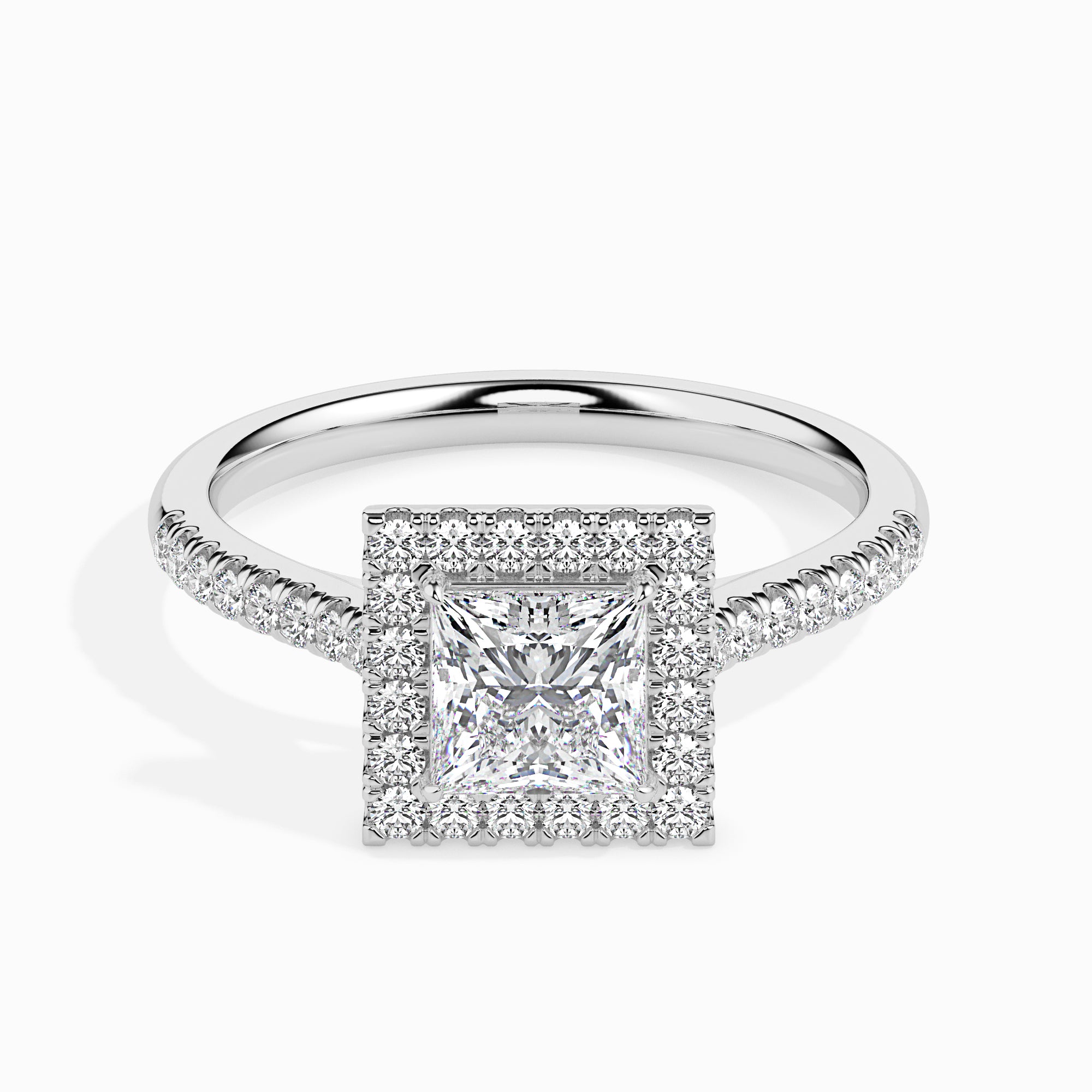 50-Pointer Princess Cut Solitaire Halo Diamond Shank Platinum Ring JL PT 19032-A   Jewelove.US