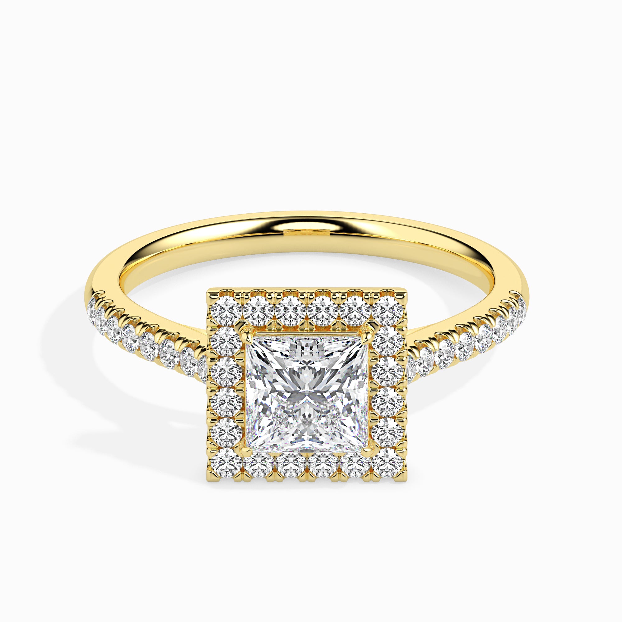 70-Pointer Princess Cut Solitaire Halo Diamond Shank 18K Yellow Gold Ring JL AU 19032Y-B