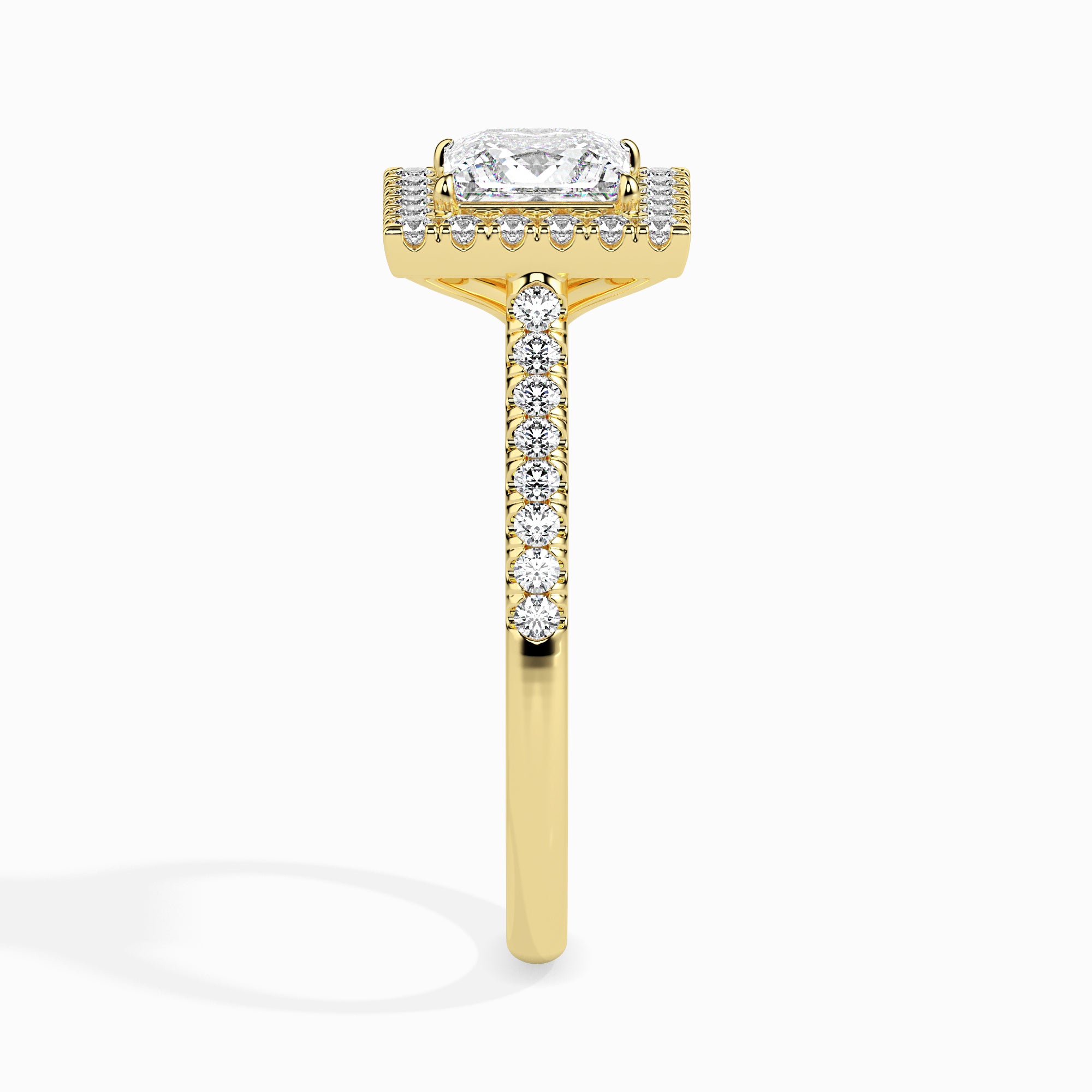 70-Pointer Princess Cut Solitaire Halo Diamond Shank 18K Yellow Gold Ring JL AU 19032Y-B