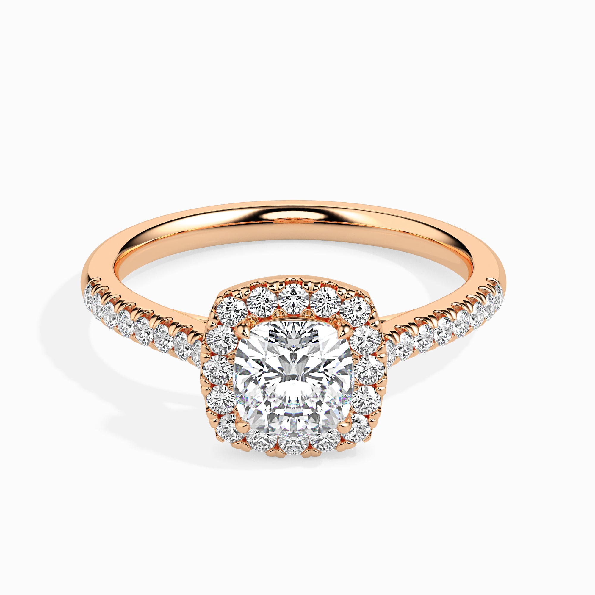 50-Pointer Cushion Cut Solitaire Halo Diamond Shank 18K Rose Gold Ring JL AU 19033R-A   Jewelove.US