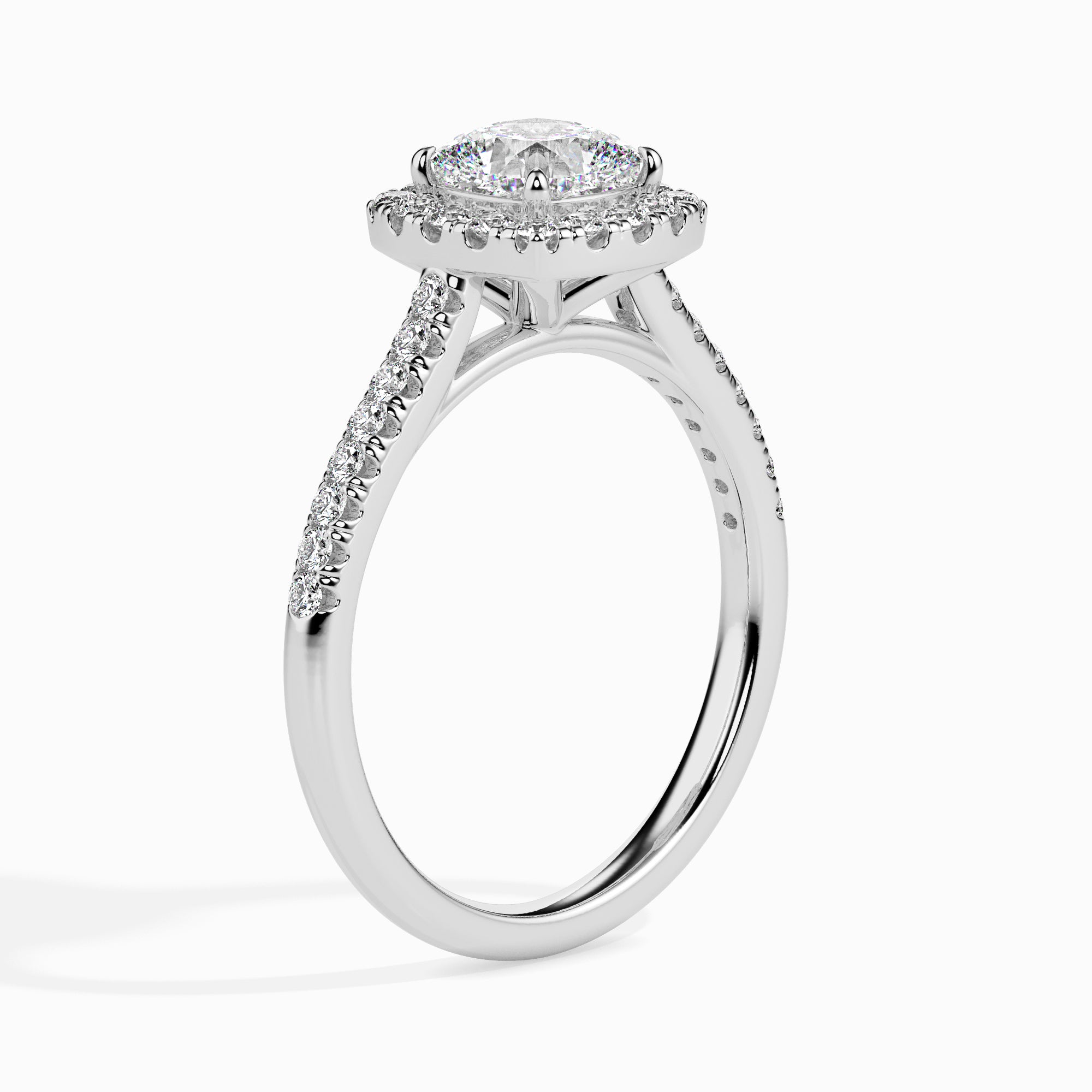 70-Pointer Cushion Cut Solitaire Halo Diamond Shank Platinum Engagement Ring JL PT 19033-B