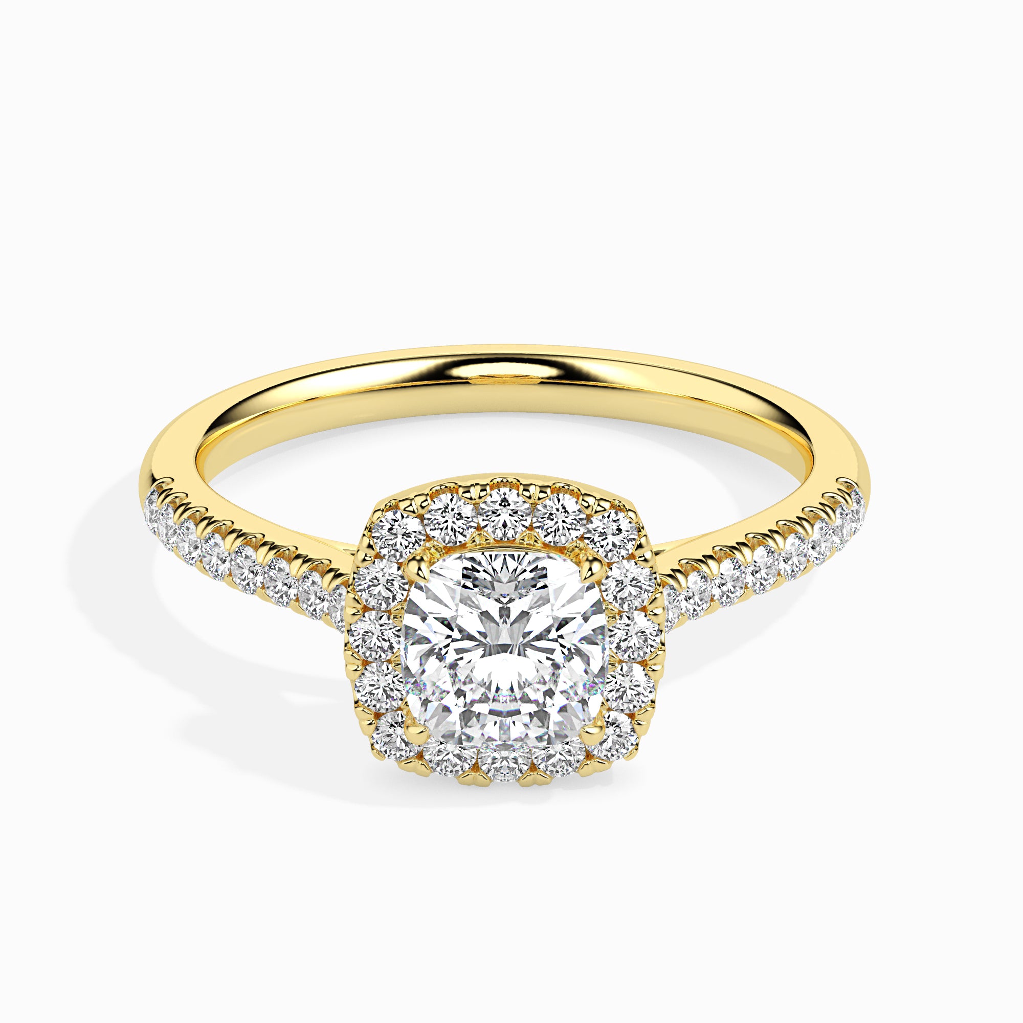 70-Pointer Cushion Cut Solitaire Halo Diamond Shank 18K Yellow Gold Ring JL AU 19033Y-B   Jewelove.US