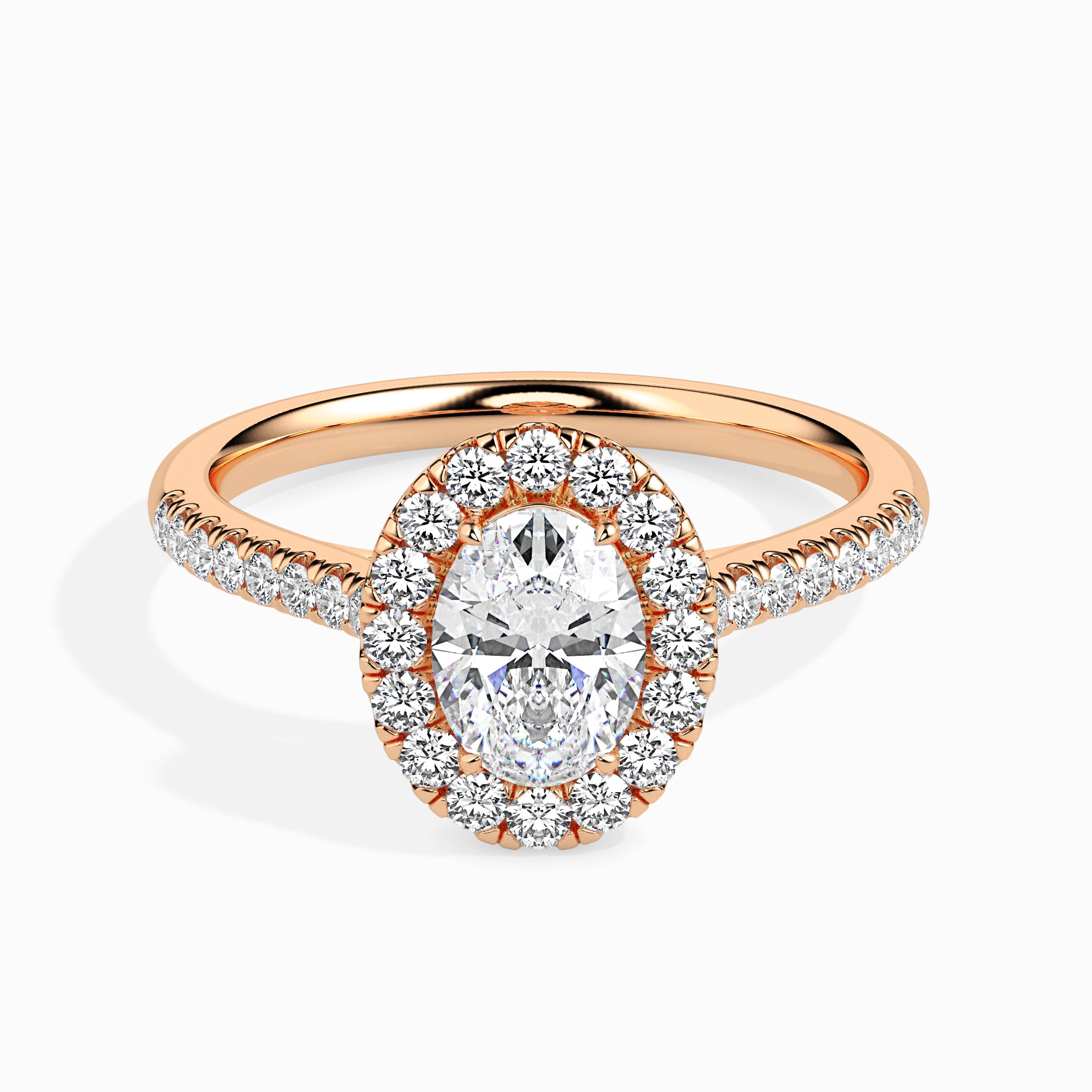 50-Pointer Oval Cut Solitaire Halo Diamond Shank 18K Rose Gold Ring JL AU 19034R-A