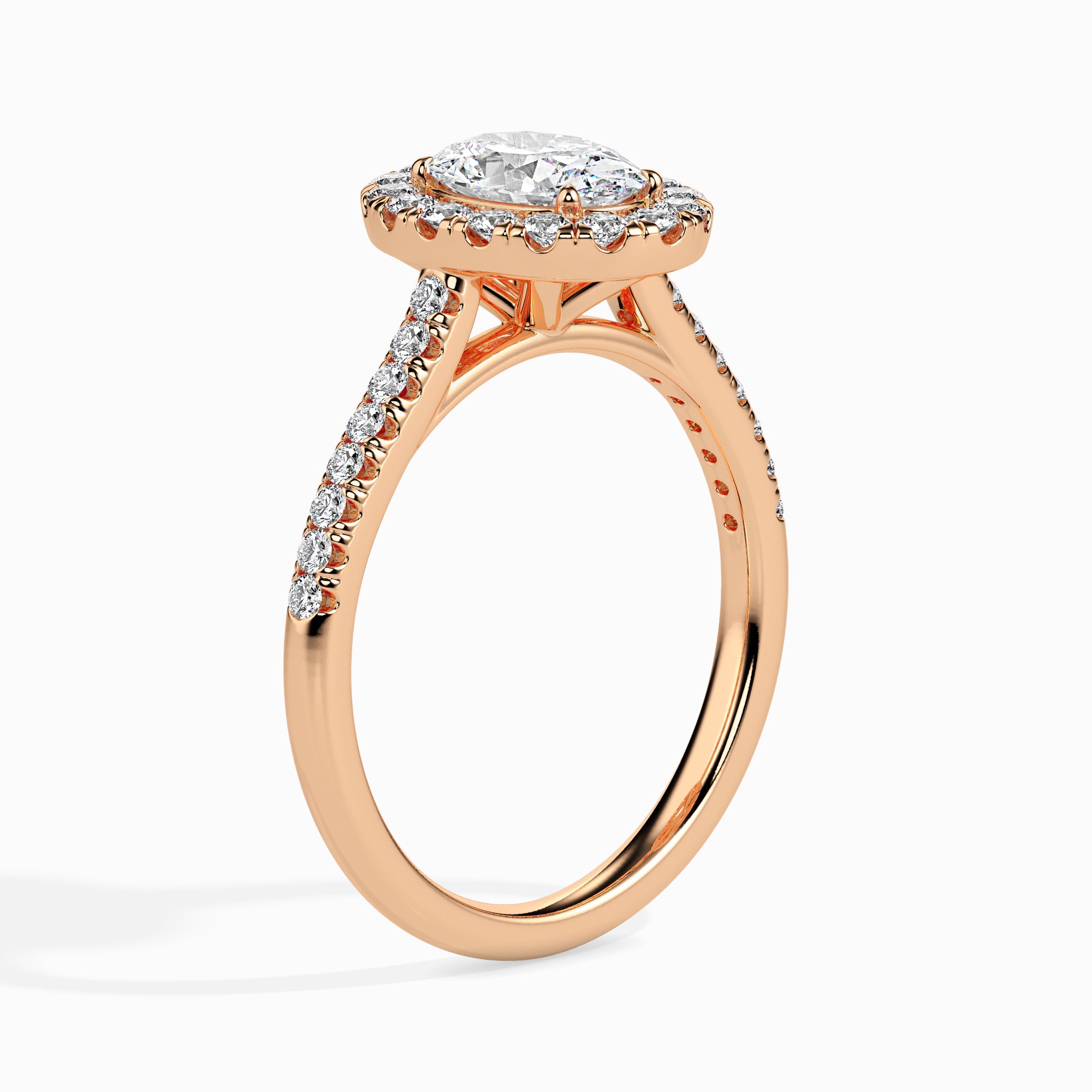 70-Pointer Oval Cut Solitaire Halo Diamond Shank 18K Rose Gold Ring JL AU 19034R-B
