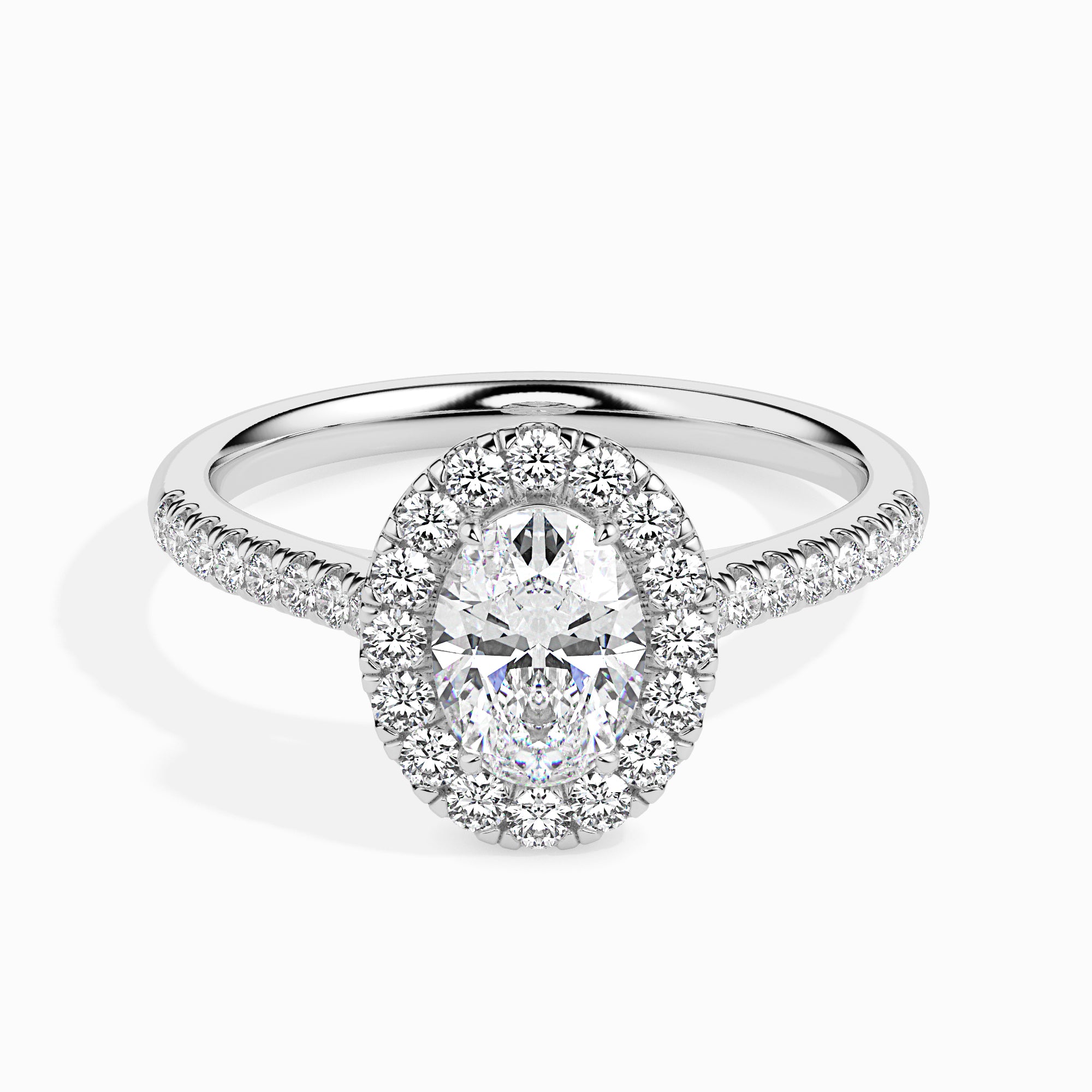 50-Pointer Oval Cut Solitaire Halo Diamond Shank Platinum Ring JL PT 19034-A