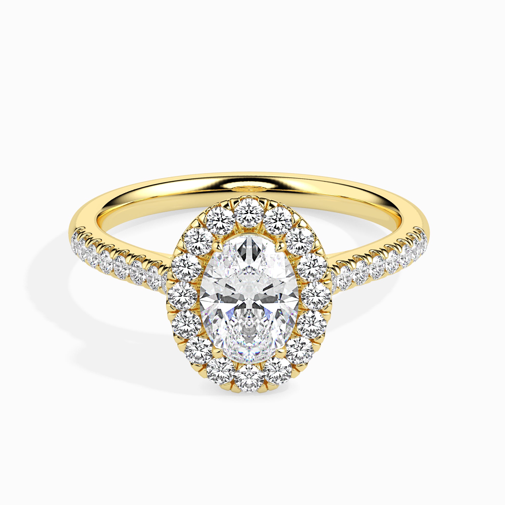 30-Pointer Oval Cut Solitaire Halo Diamond Shank 18K Yellow Gold Ring JL AU 19034Y