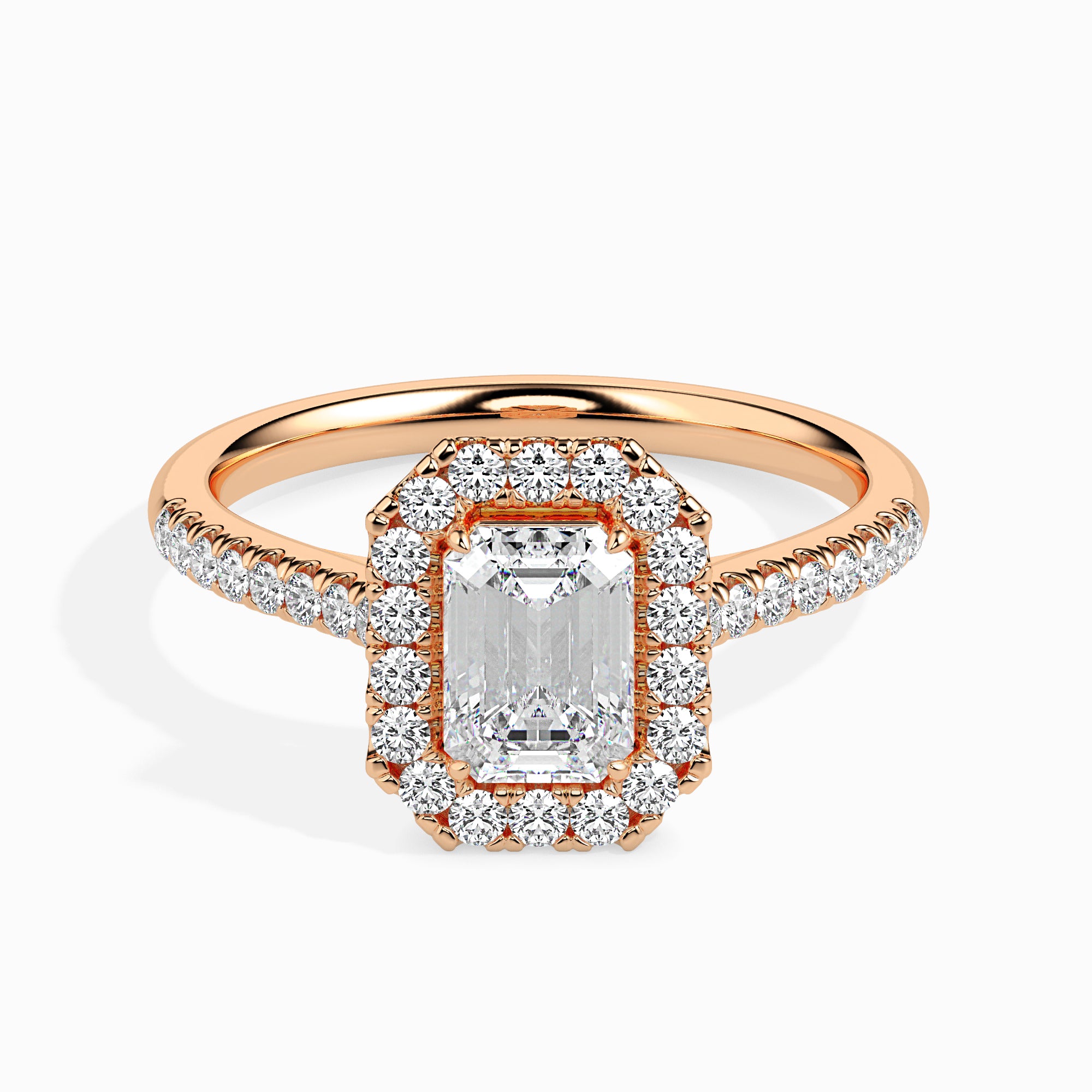 70-Pointer Emerald Cut Solitaire Halo Diamond Shank 18K Rose Gold Solitaire Ring JL AU 19035R-B   Jewelove.US