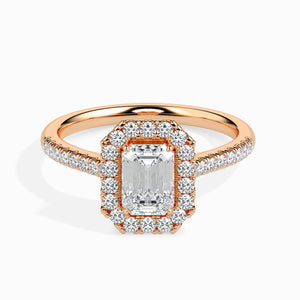50-Pointer Emerald Cut Solitaire Halo Diamond Shank 18K Rose Gold Solitaire Ring JL AU 19035R-A