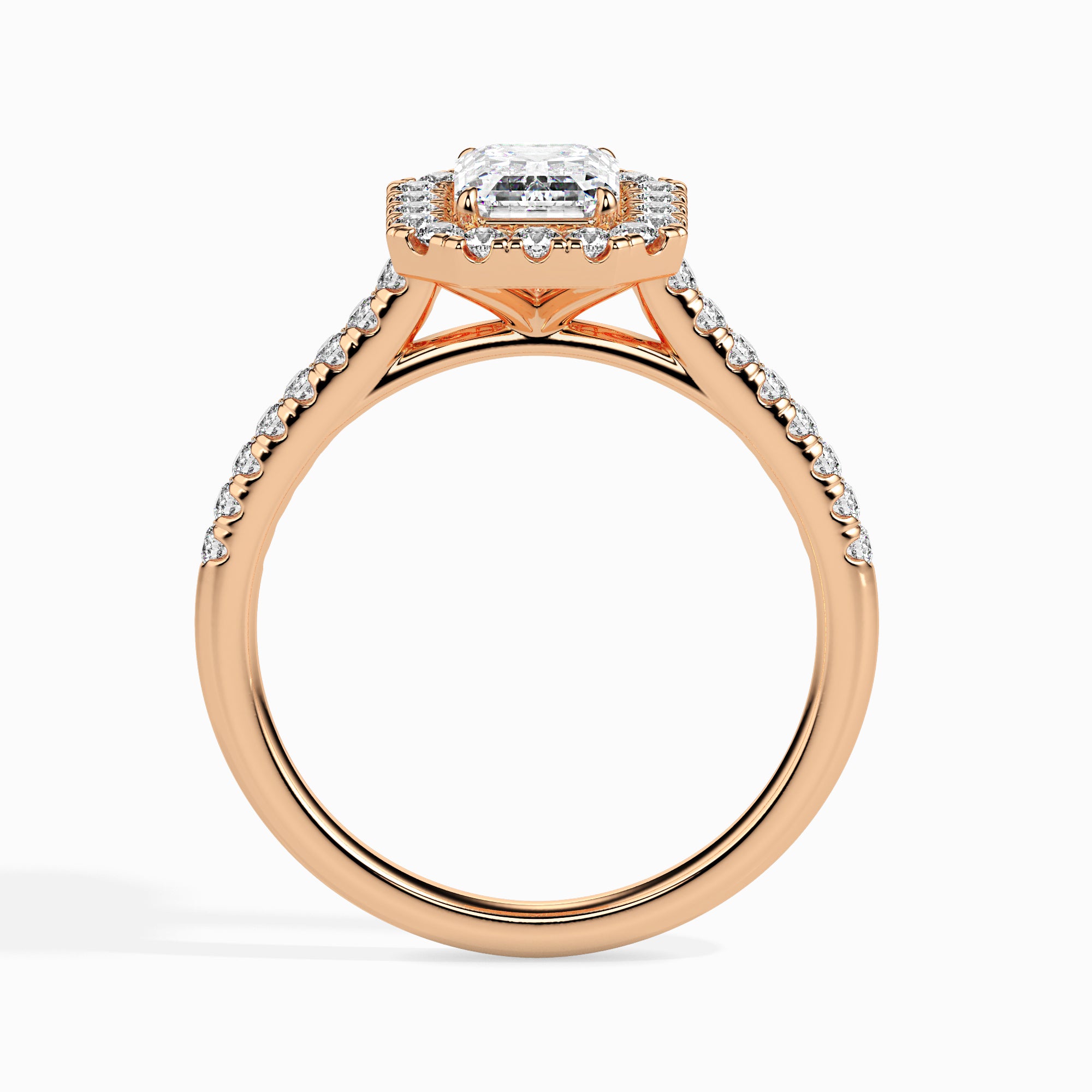 70-Pointer Emerald Cut Solitaire Halo Diamond Shank 18K Rose Gold Solitaire Ring JL AU 19035R-B   Jewelove.US