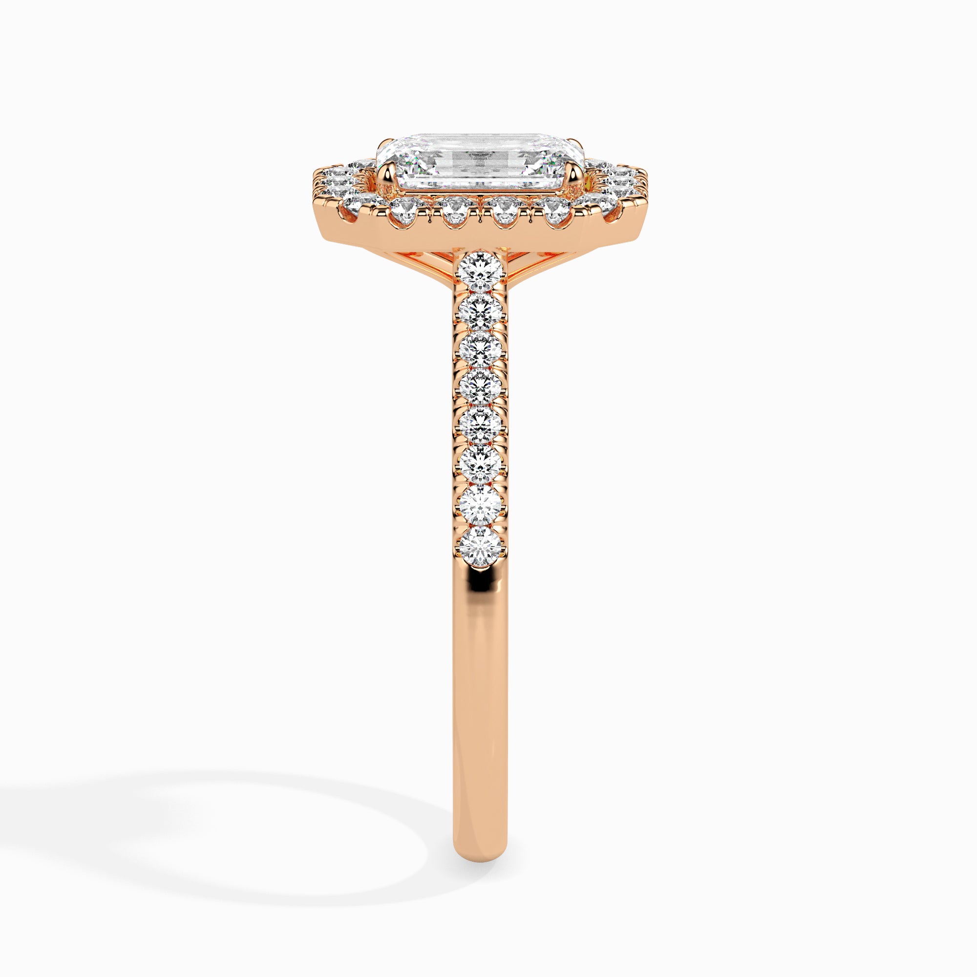 70-Pointer Emerald Cut Solitaire Halo Diamond Shank 18K Rose Gold Solitaire Ring JL AU 19035R-B   Jewelove.US