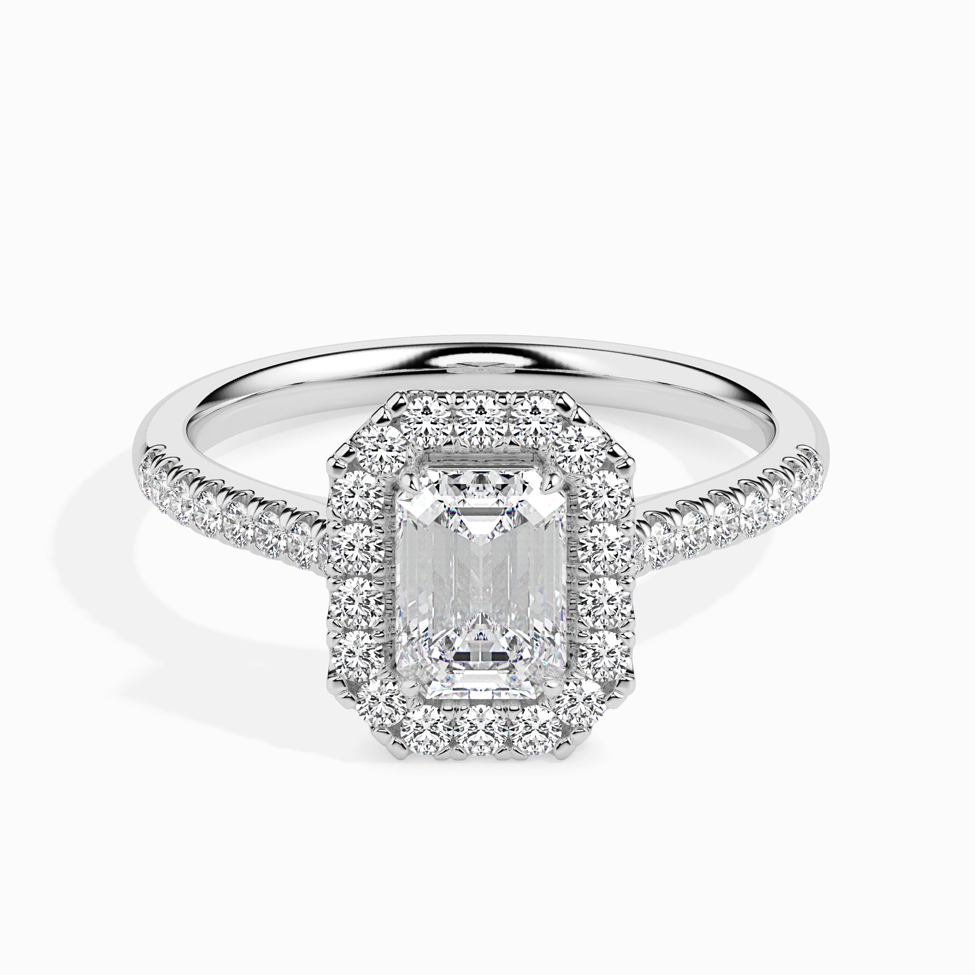 70-Pointer Emerald Cut Solitaire Halo Diamond Shank Platinum Ring JL PT 19035-B