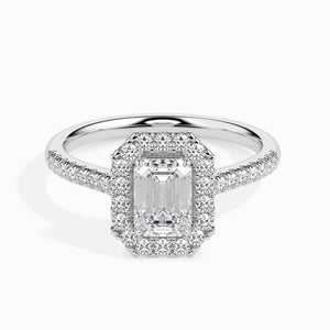 70-Pointer Emerald Cut Solitaire Halo Diamond Shank Platinum Ring JL PT 19035-B
