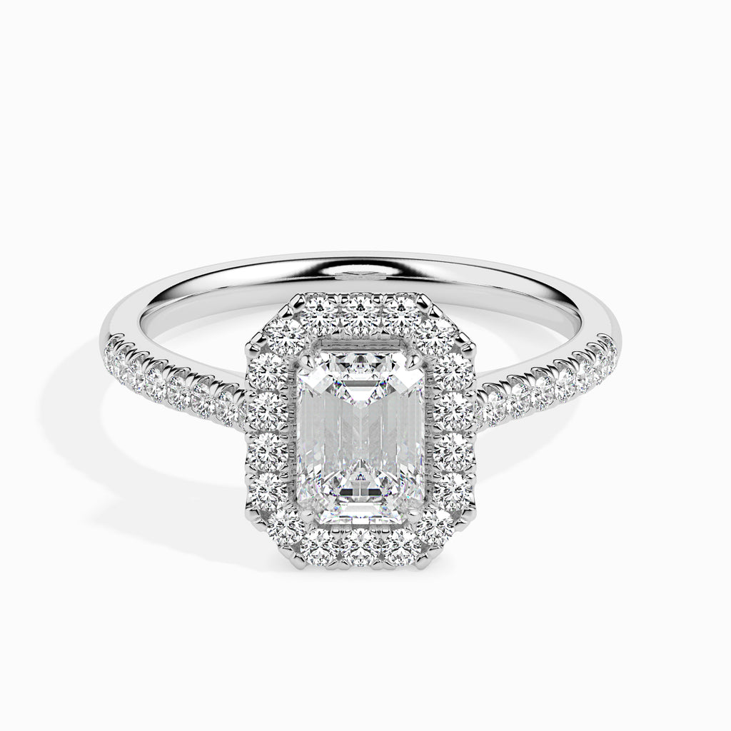 50-Pointer Emerald Cut Solitaire Halo Diamond Shank Platinum Ring JL PT 19035-A   Jewelove.US