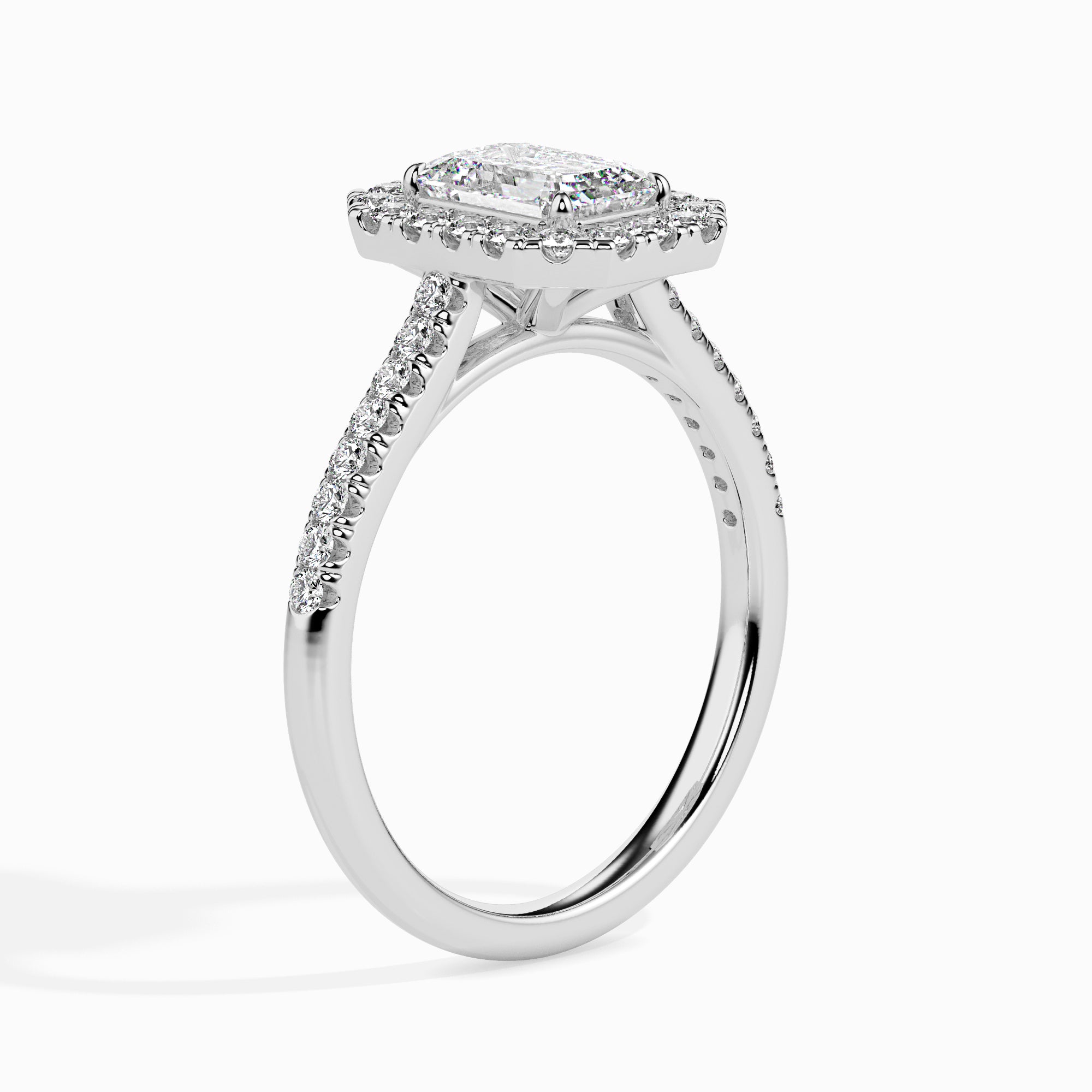 70-Pointer Emerald Cut Solitaire Halo Diamond Shank Platinum Ring JL PT 19035-B