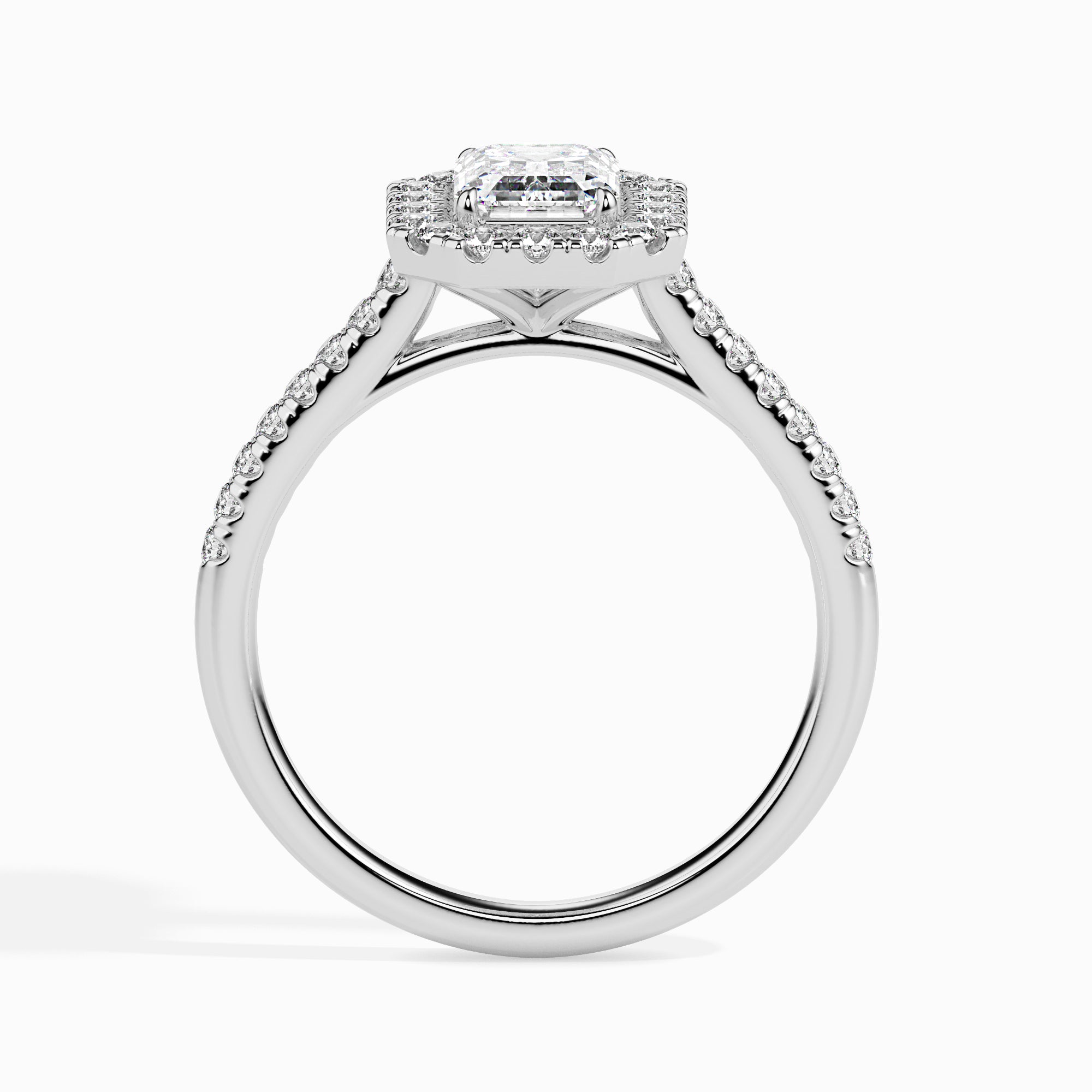 30-Pointer Emerald Cut Solitaire Halo Diamond Shank Platinum Ring JL PT 19035   Jewelove.US