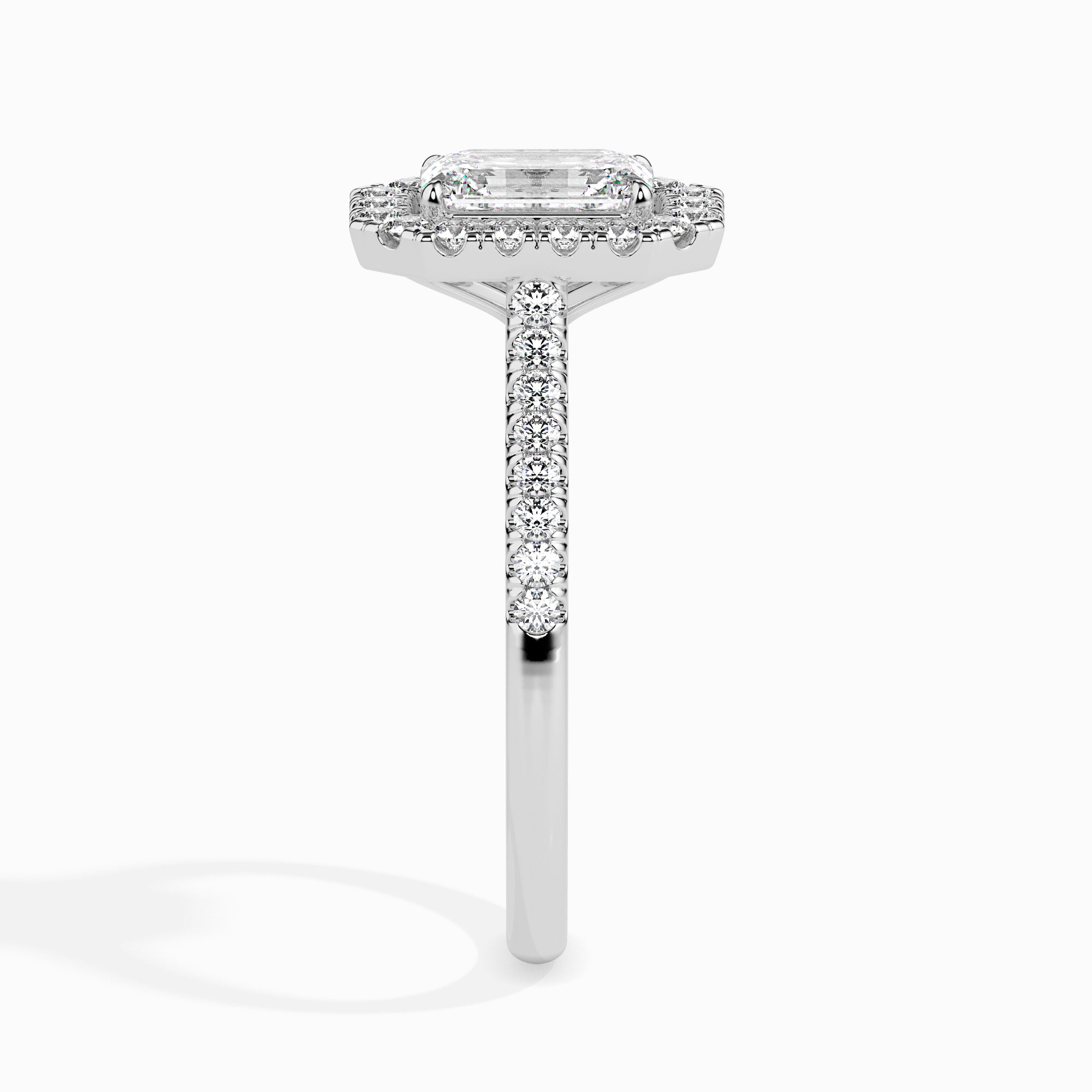 70-Pointer Emerald Cut Solitaire Halo Diamond Shank Platinum Ring JL PT 19035-B