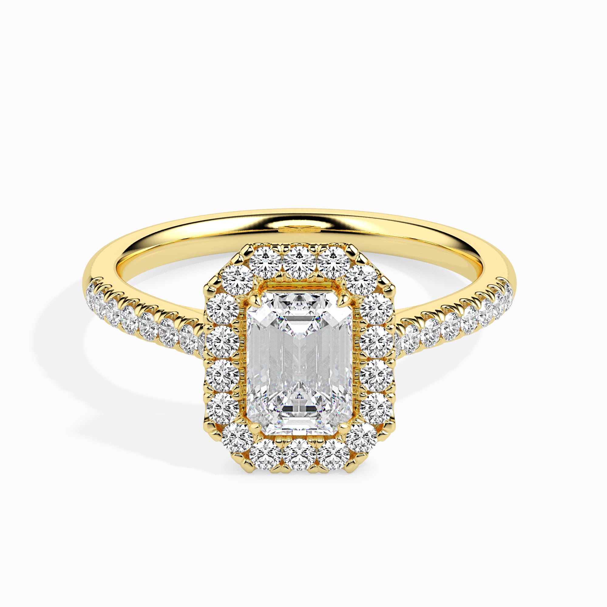 50-Pointer Emerald Cut Solitaire Halo Diamond Shank 18K Yellow Gold Ring JL AU 19035Y-A