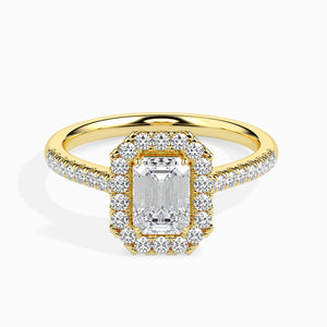 50-Pointer Emerald Cut Solitaire Halo Diamond Shank 18K Yellow Gold Ring JL AU 19035Y-A