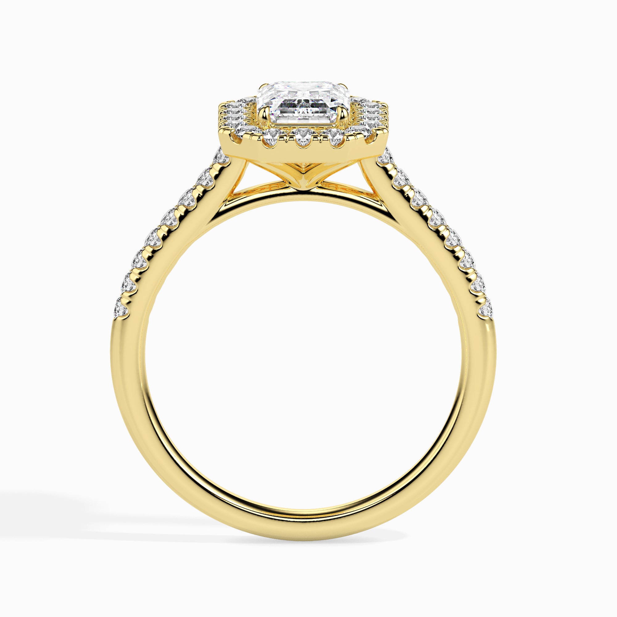 70-Pointer Emerald Cut Solitaire Halo Diamond Shank 18K Yellow Gold Ring JL AU 19035Y-B   Jewelove.US