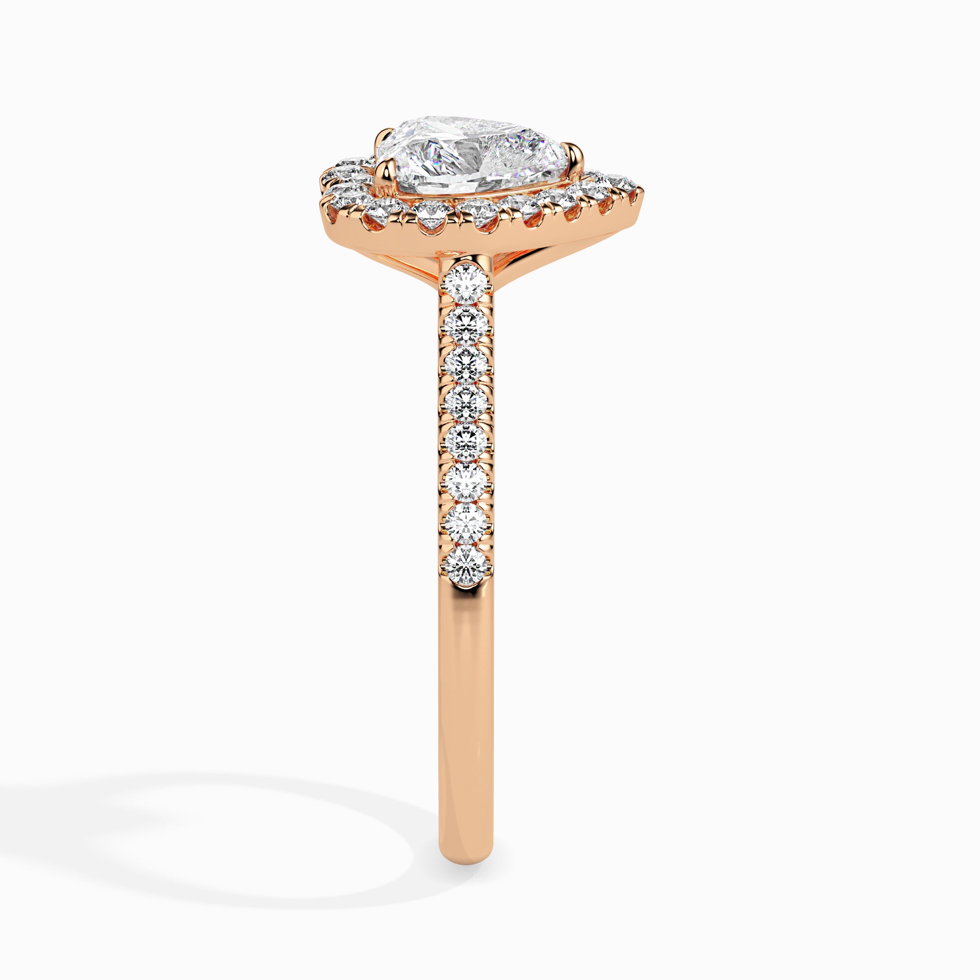 70-Pointer Heart Cut Solitaire Halo Diamond Shank 18K Rose Gold Ring JL AU 19038R-B