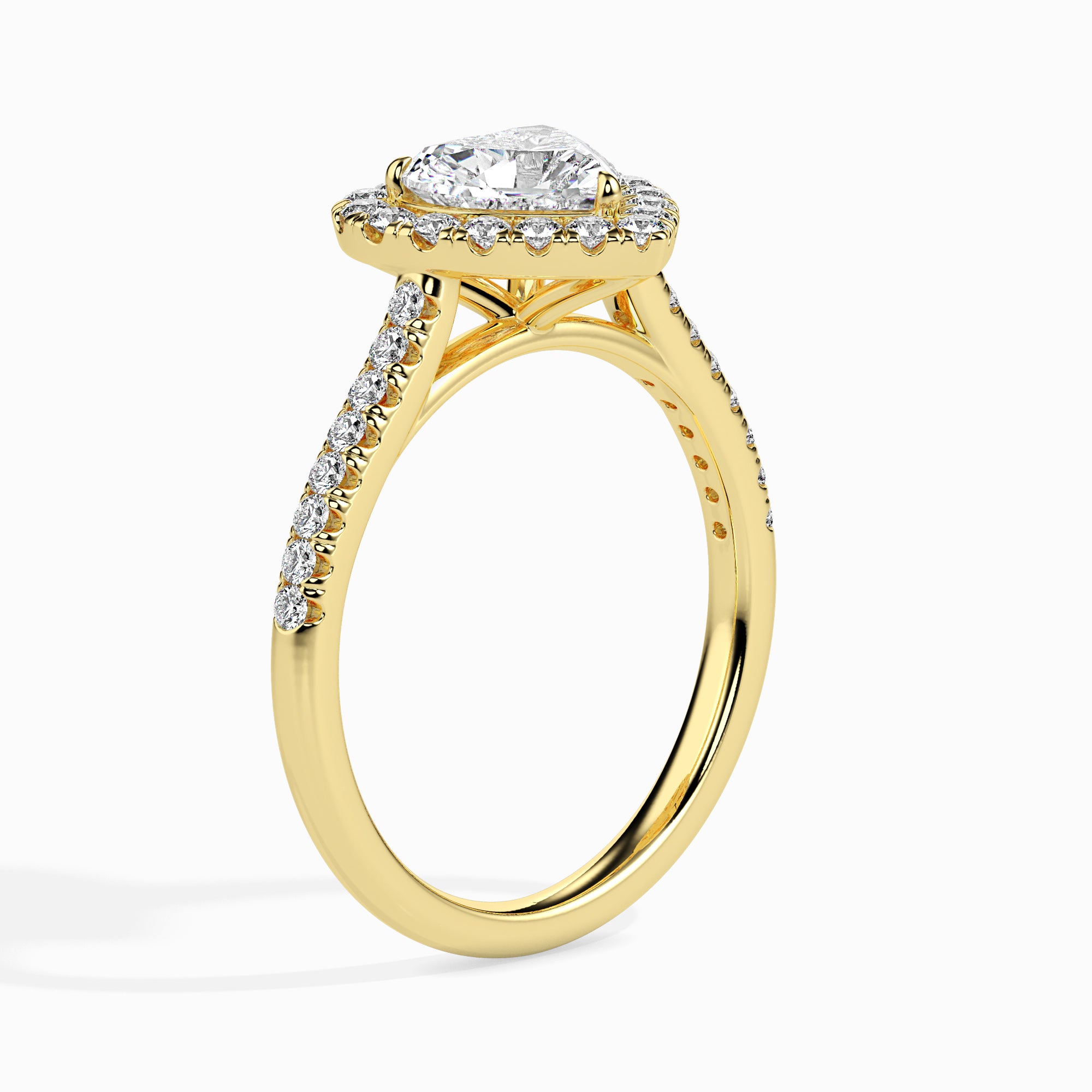 50-Pointer Heart Cut Solitaire Halo Diamond Shank 18K Yellow Gold Ring JL AU 19038Y-A   Jewelove.US