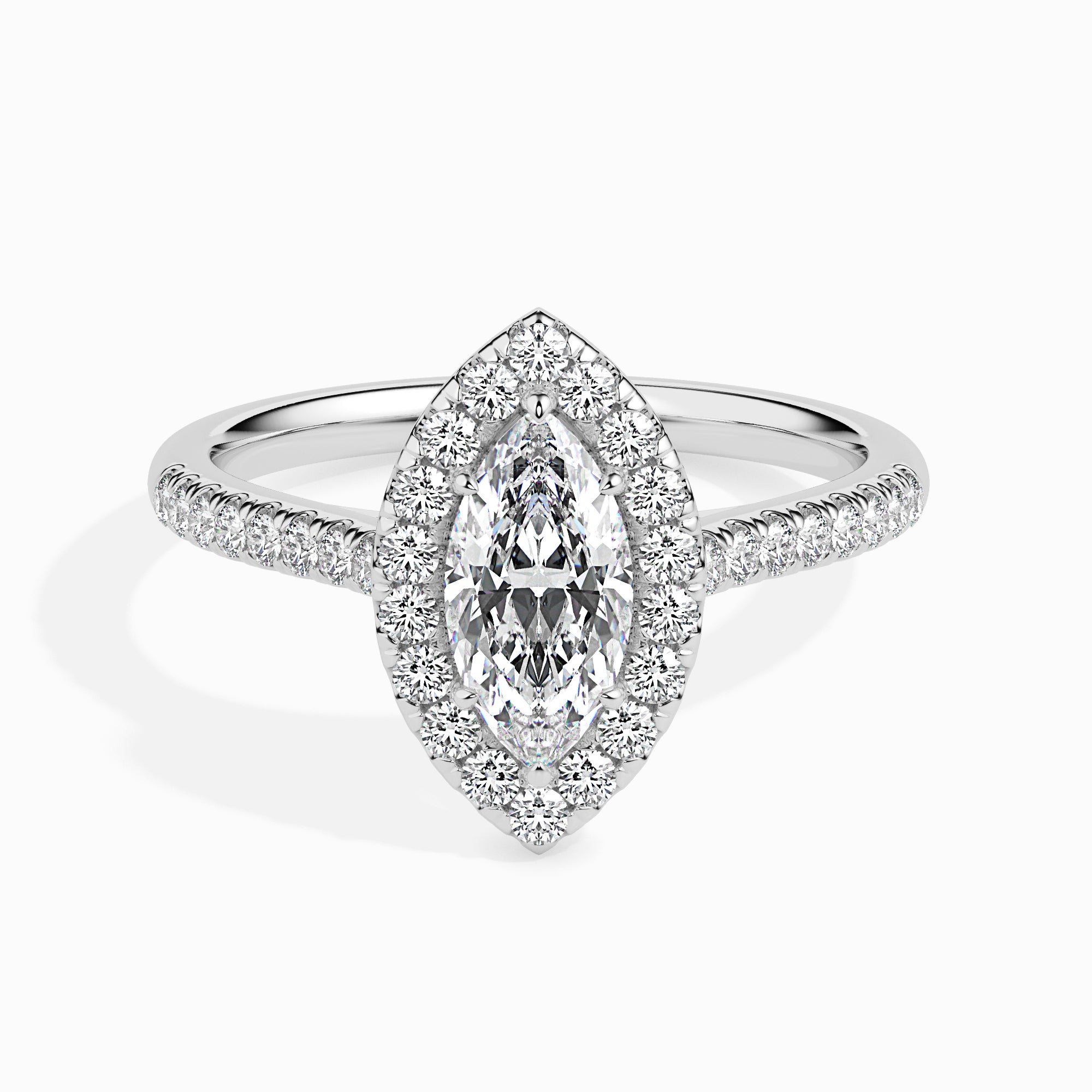 50-Pointer Marquise Cut Solitaire Halo Diamond Shank Platinum Ring JL PT 19039-A   Jewelove.US