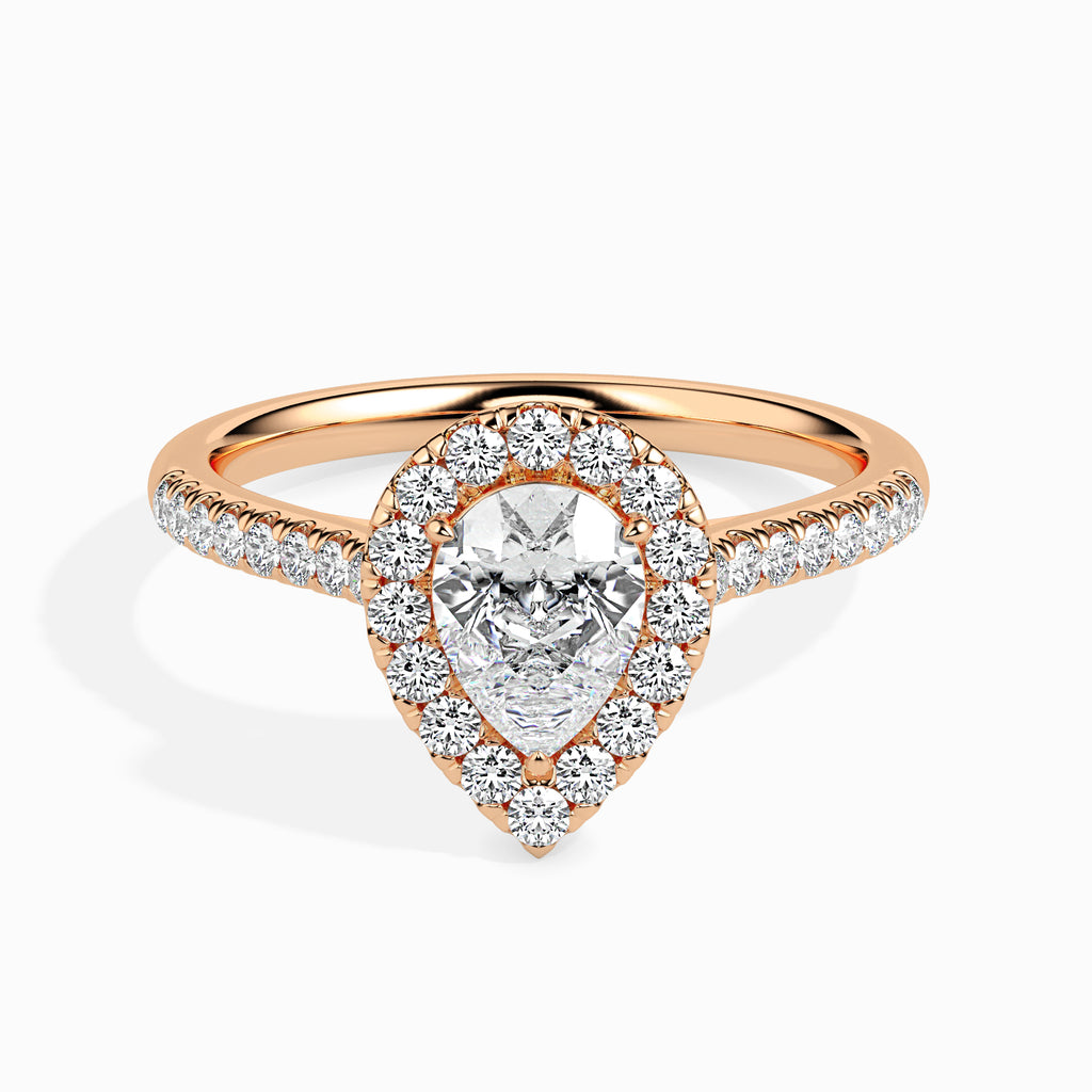 70-Pointer Pear Cut Solitaire Halo Diamond Shank 18K Rose Gold Ring JL AU 19040R-B   Jewelove.US
