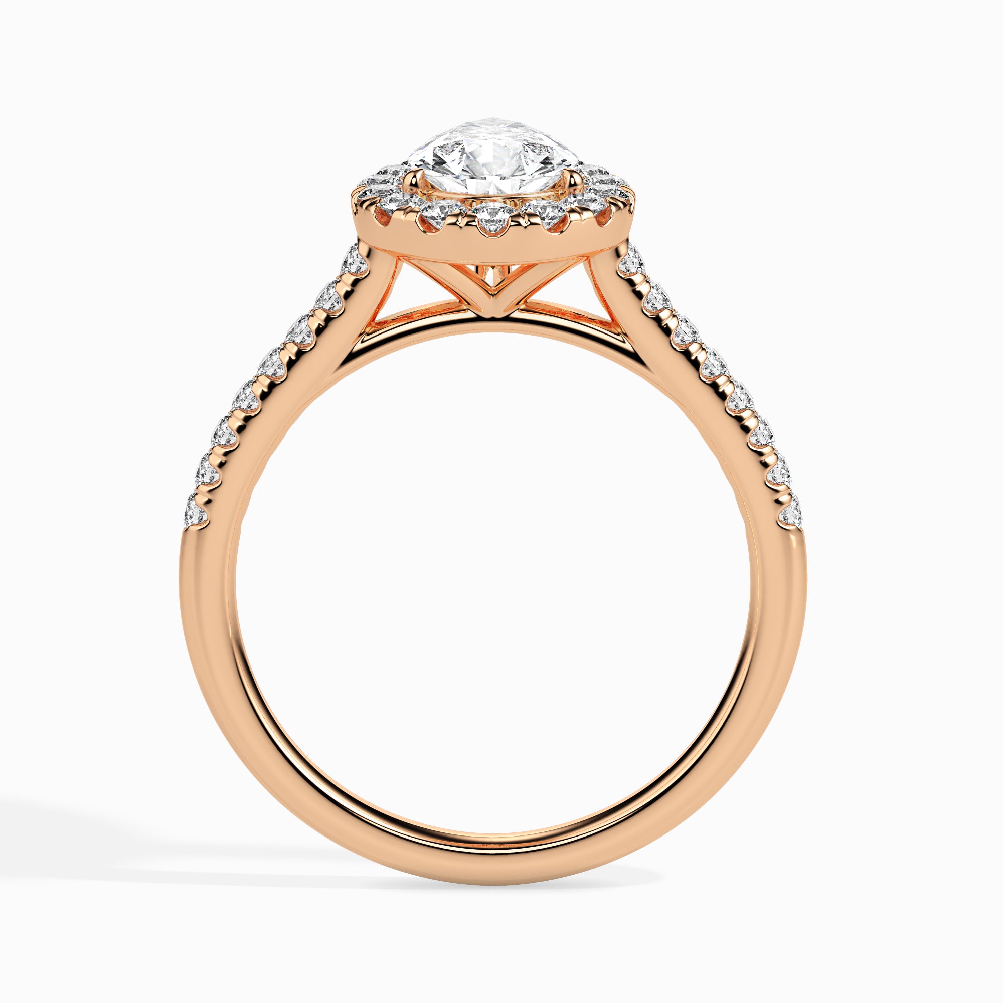 70-Pointer Pear Cut Solitaire Halo Diamond Shank 18K Rose Gold Ring JL AU 19040R-B   Jewelove.US