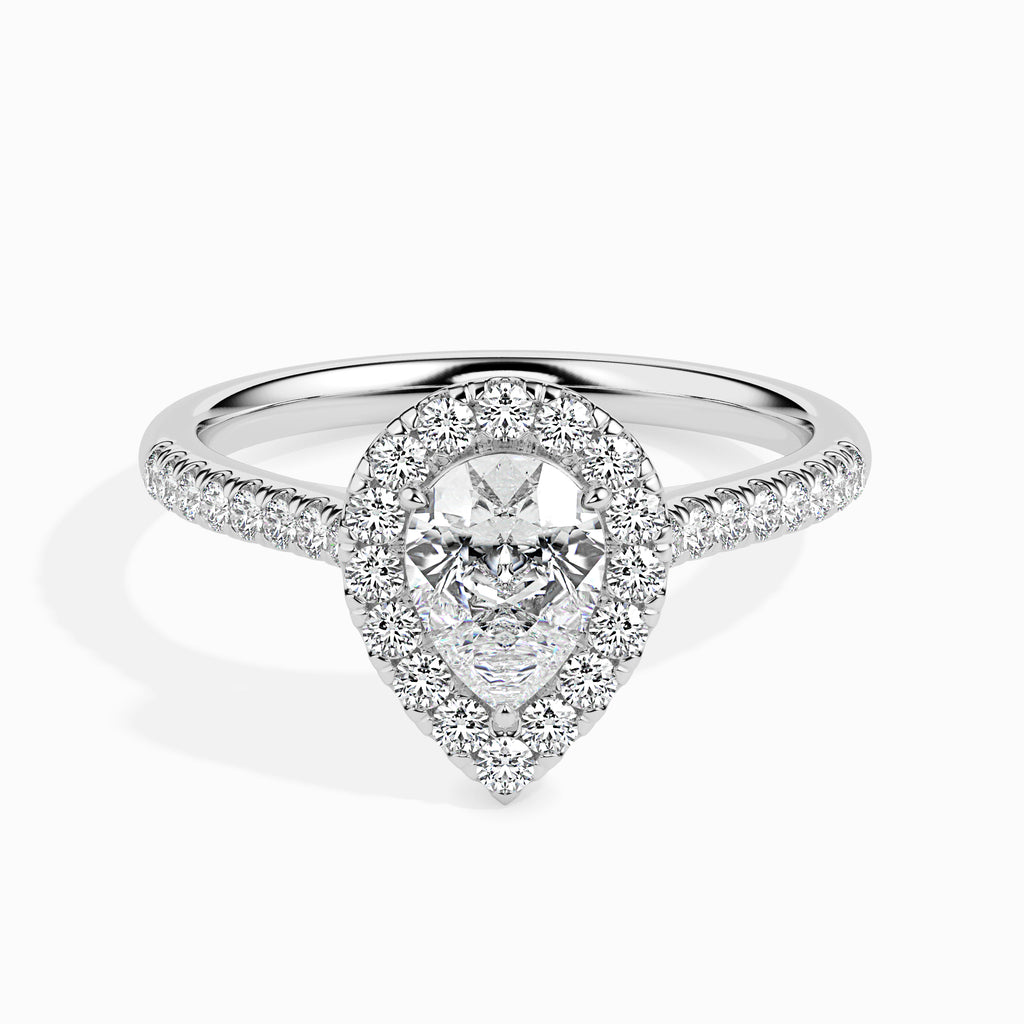 70-Pointer Pear Cut Solitaire Halo Diamond Shank Platinum Ring JL PT 19040-B   Jewelove.US