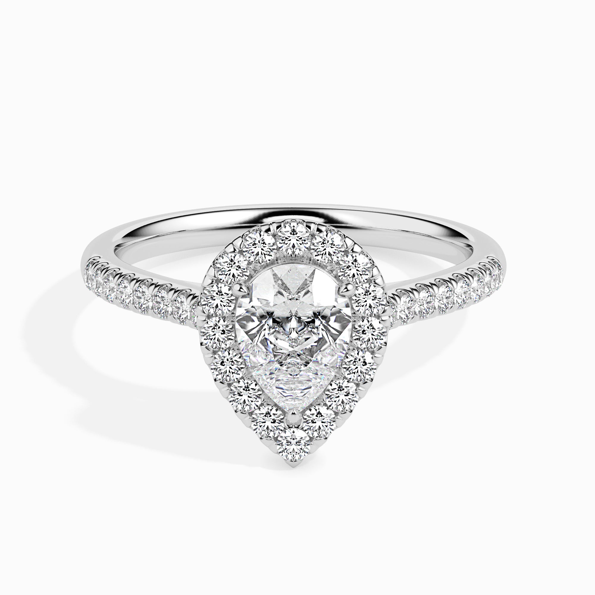 50-Pointer Pear Cut Solitaire Halo Diamond Shank Platinum Ring JL PT 19040-A   Jewelove.US